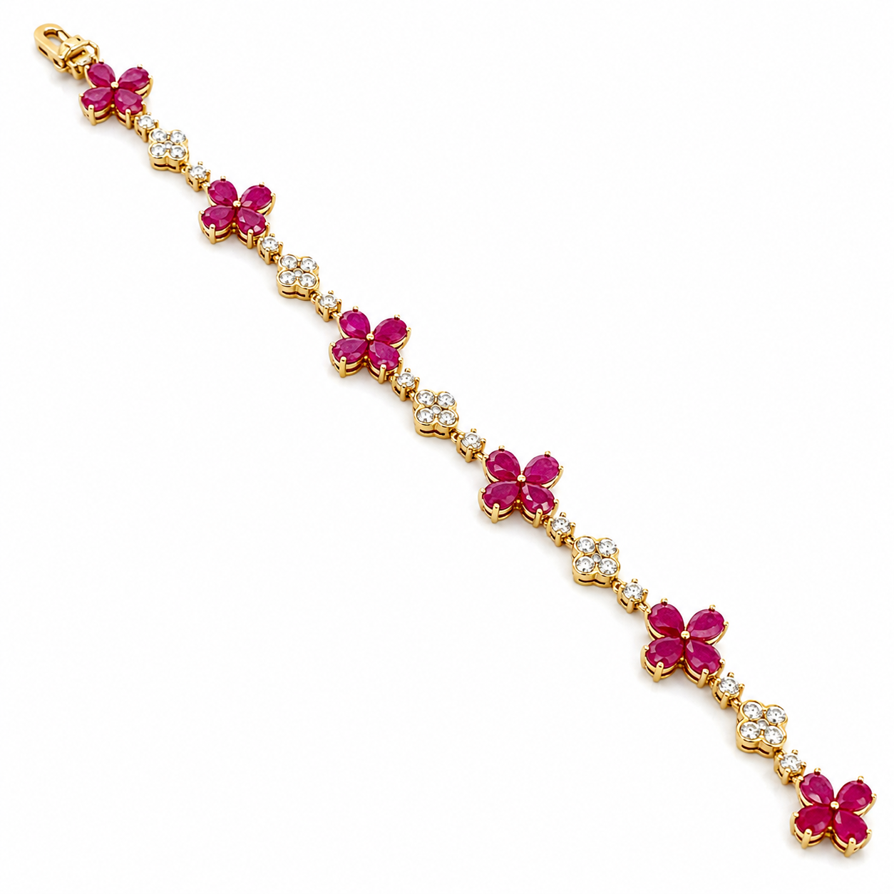 Yellow Gold Diamond and Ruby Flower Bracelet