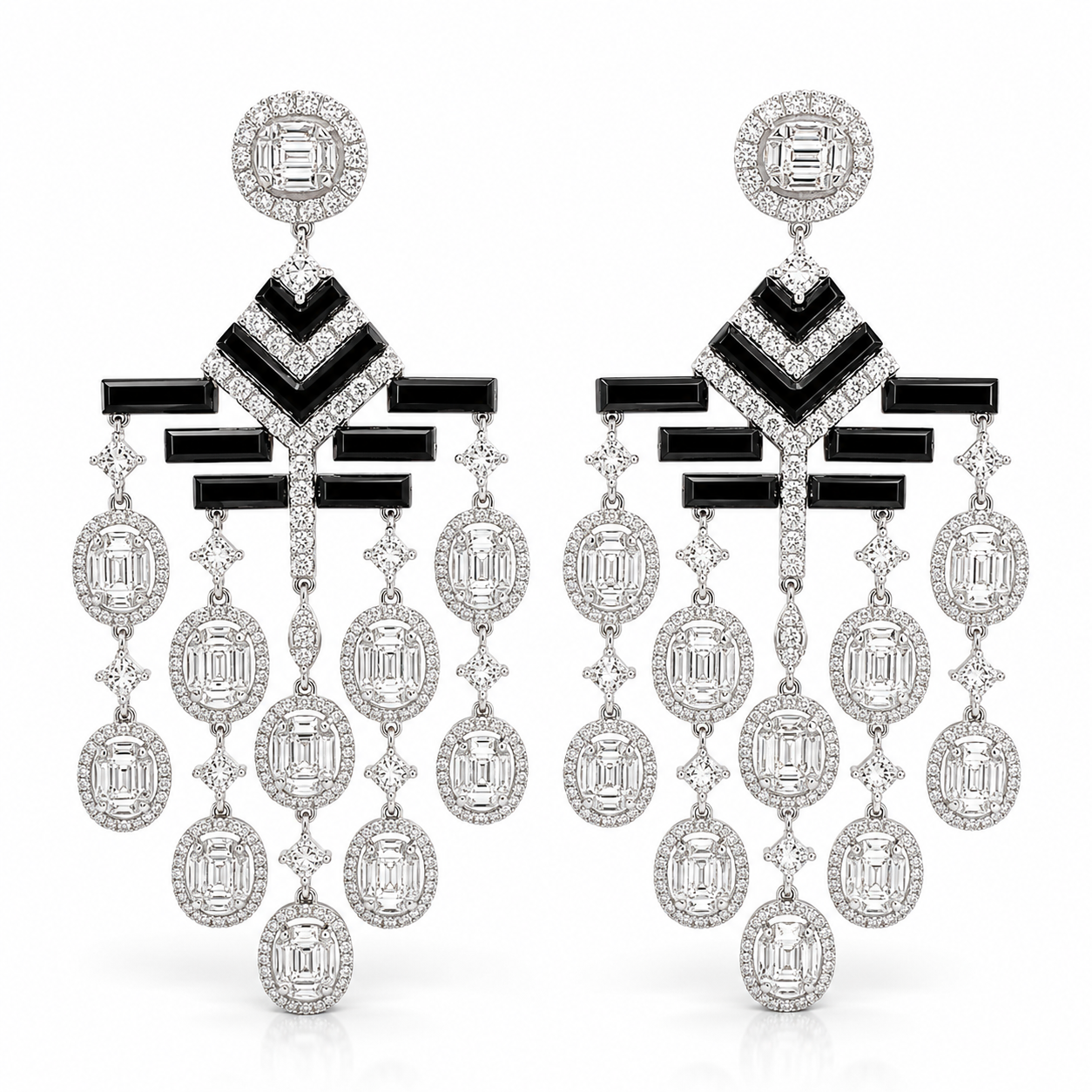 White Gold Diamond and Onix Earrings