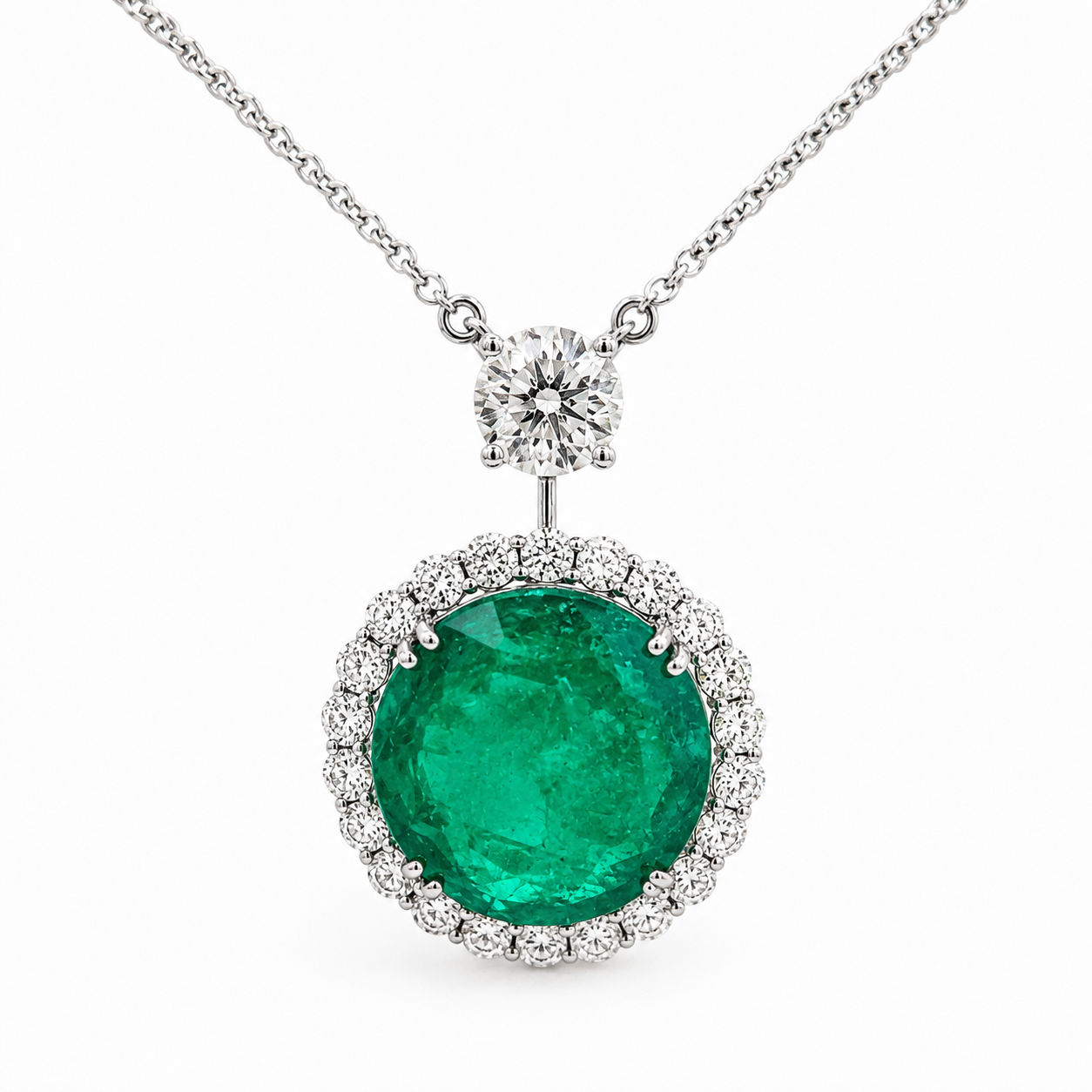 White Gold Emerald and Diamond Pendant