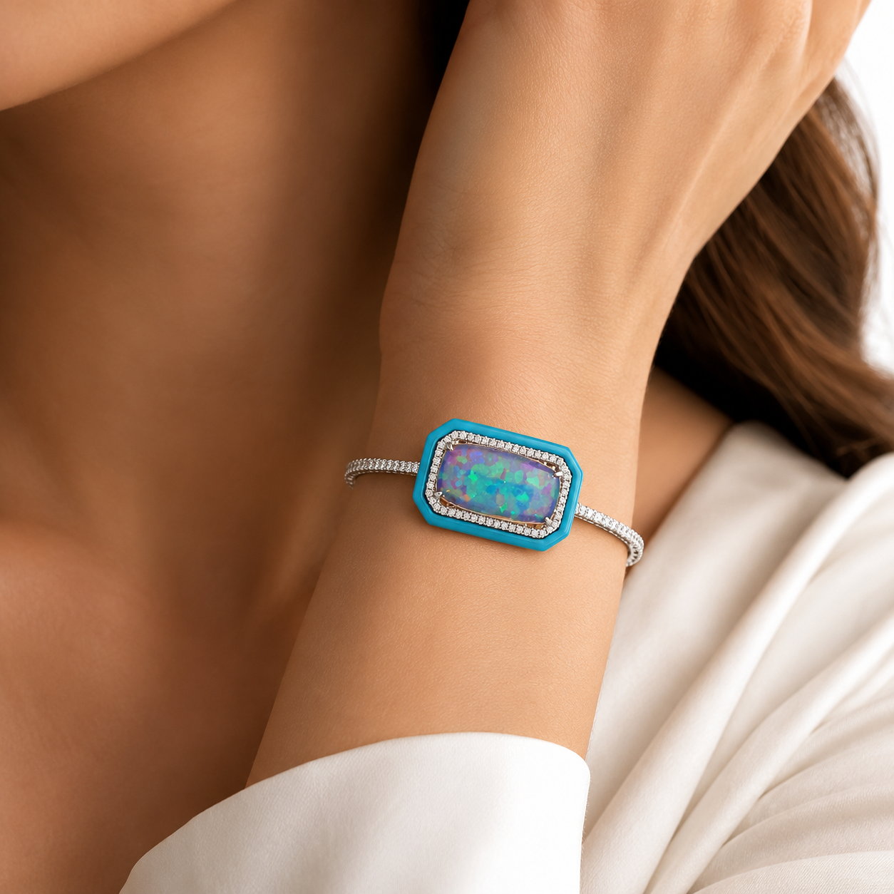 White Gold Opal Turquoise and Diamond Bracelet