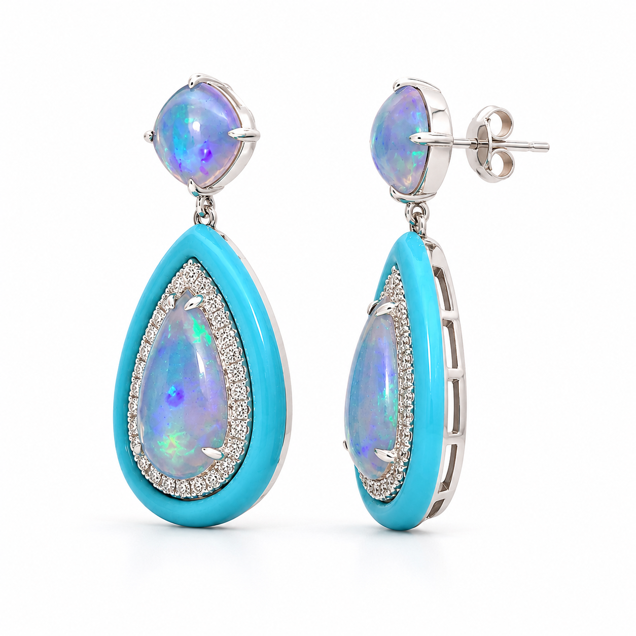 White Gold Opal Turquoise and Diamond Earrings