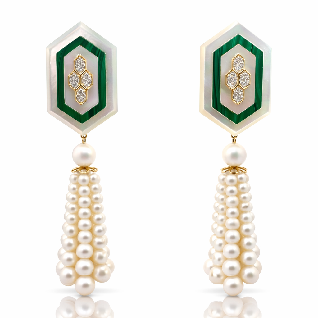 Malachite, Turquoise, Pearl and Diamond Earrings
