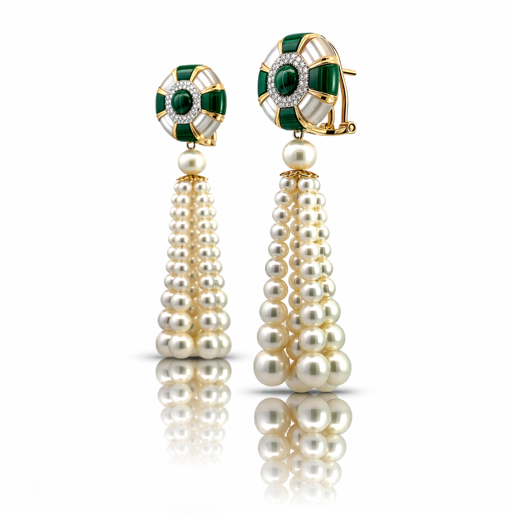 Malachite, Mother of pearl and Diamond Earrings