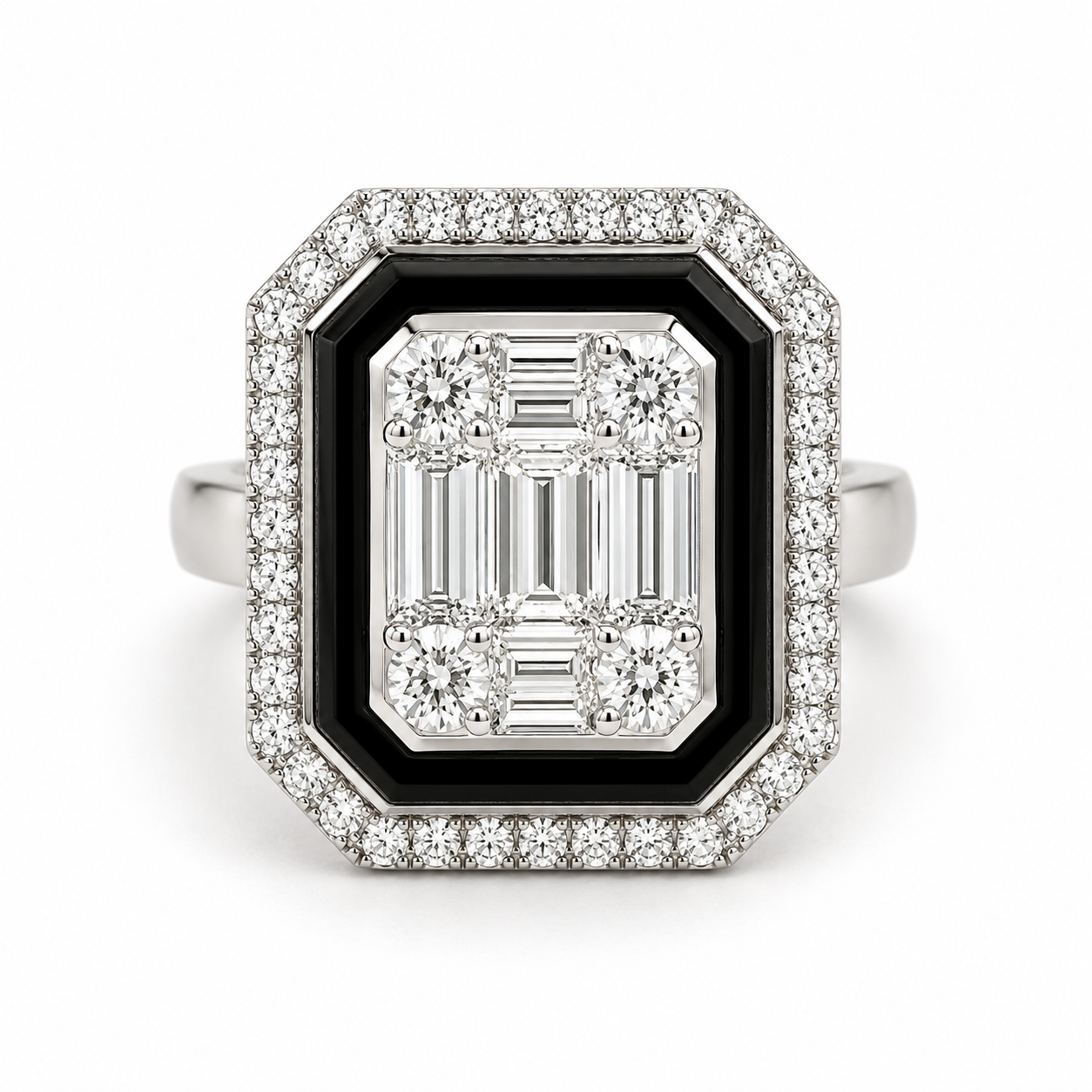 White Gold Diamond and Onix Ring