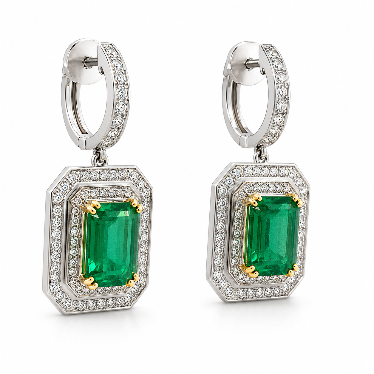 White Gold Emerald and Diamond Earrings