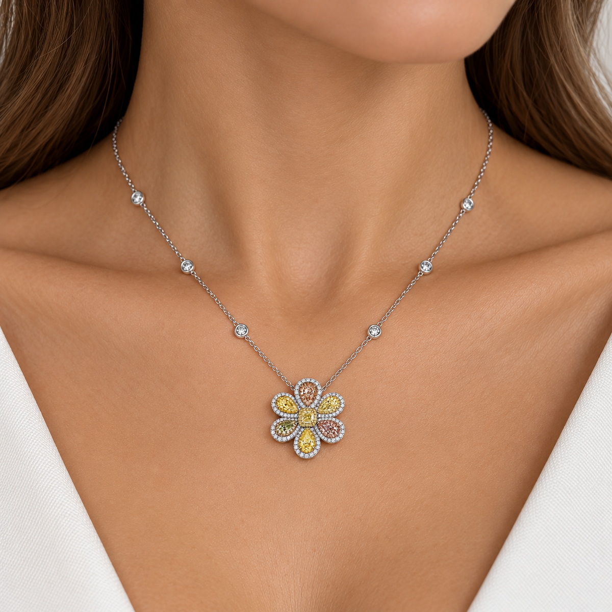 White Gold Pink and Yellow Diamond Pendant