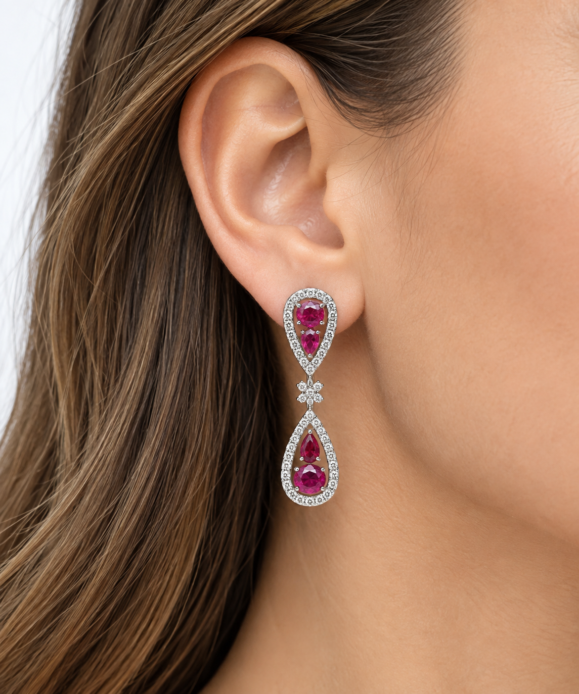 White Gold Ruby and Diamond Earrings