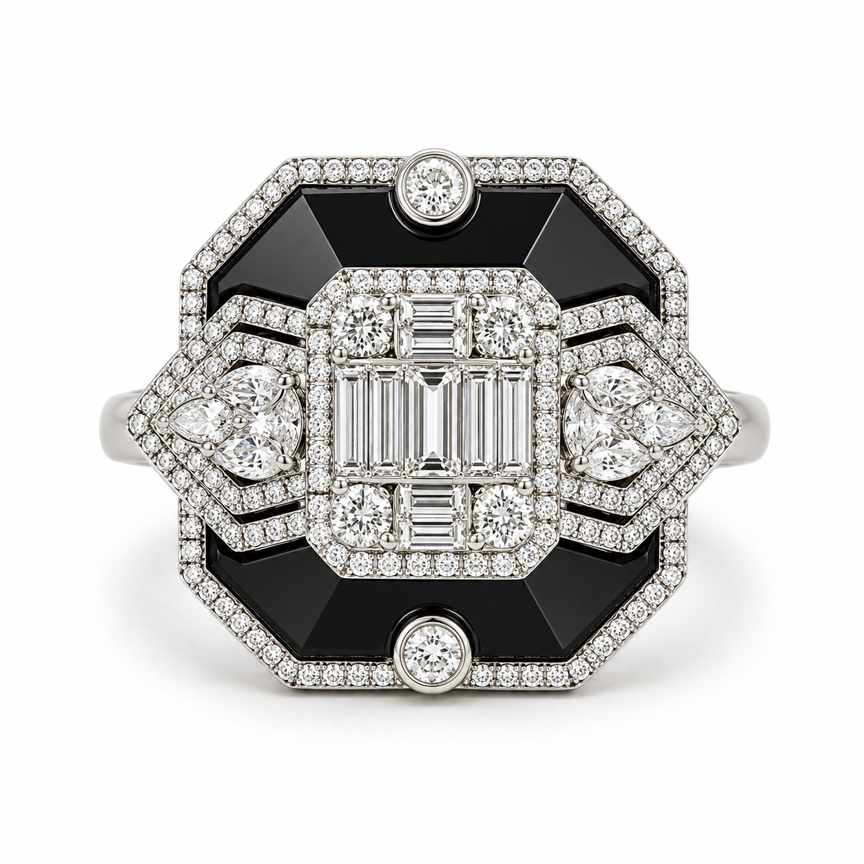 White Gold Diamond and Onix Ring