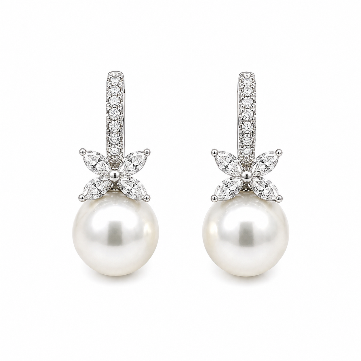 White Gold Pearl and Diamond Earrings