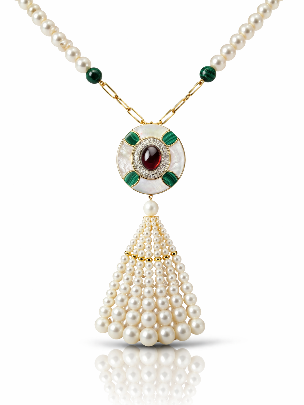 Malachite, Mother of pearl and Diamond Necklace