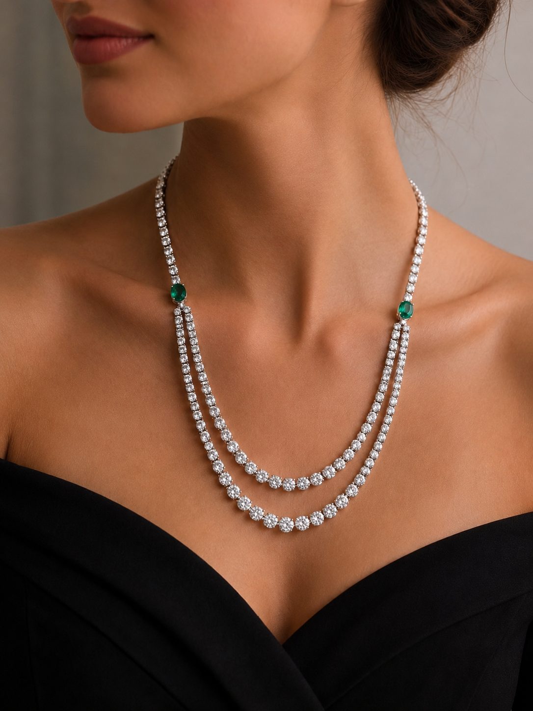 White Gold Diamond and Emerald Necklace