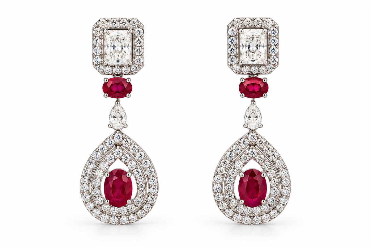 White Gold Ruby and Diamond Earrings