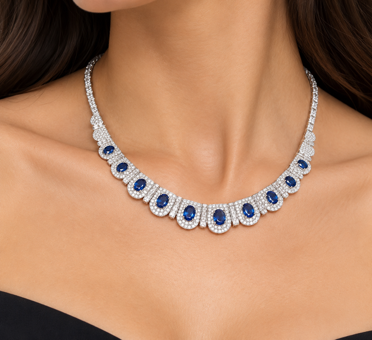 White Gold Diamond and Sapphire Necklace