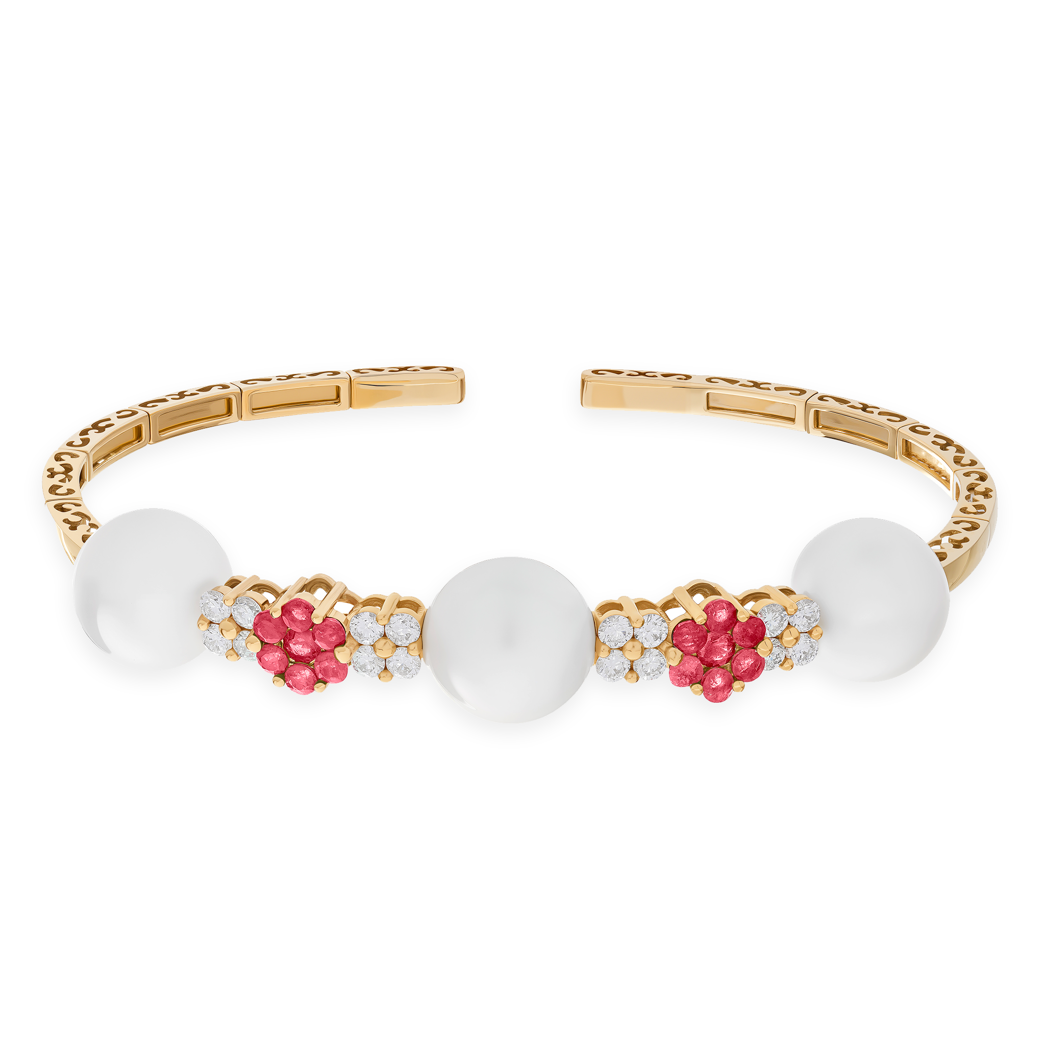 Yellow Gold Bangle Bracelet With Pearl, Ruby Stones