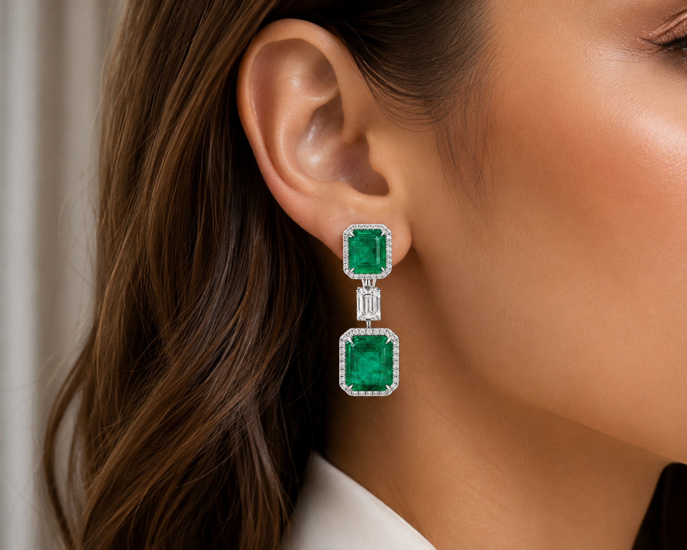 White Gold Emerald and Diamond Earrings
