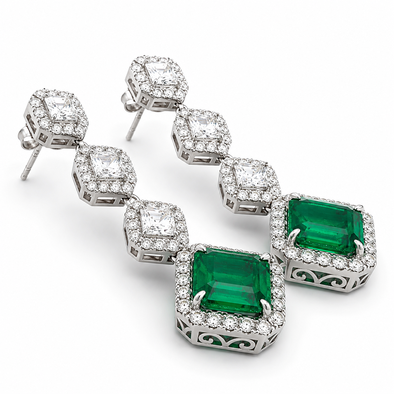 White Gold Emerald and Diamond Earrings