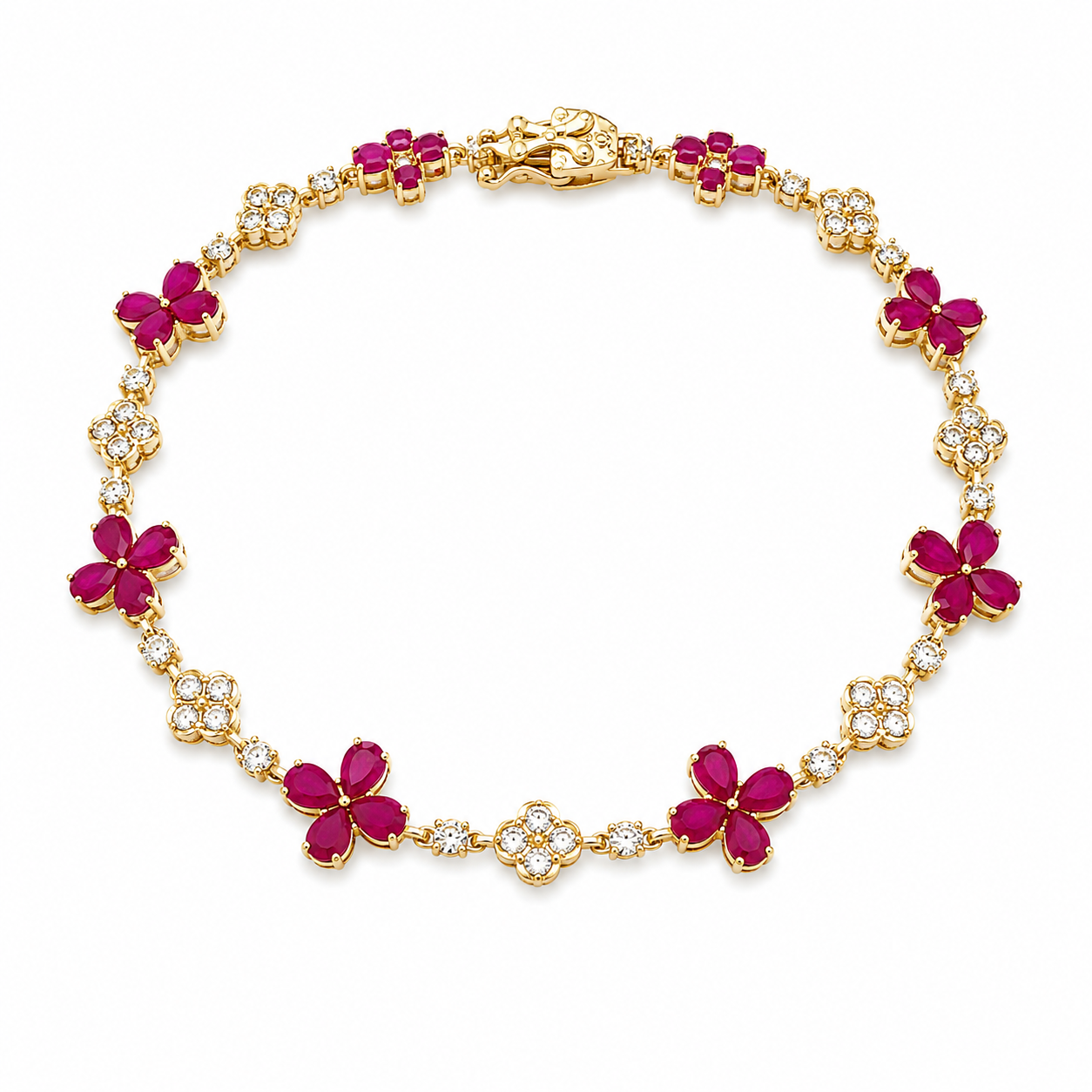 Yellow Gold Diamond and Ruby Flower Bracelet