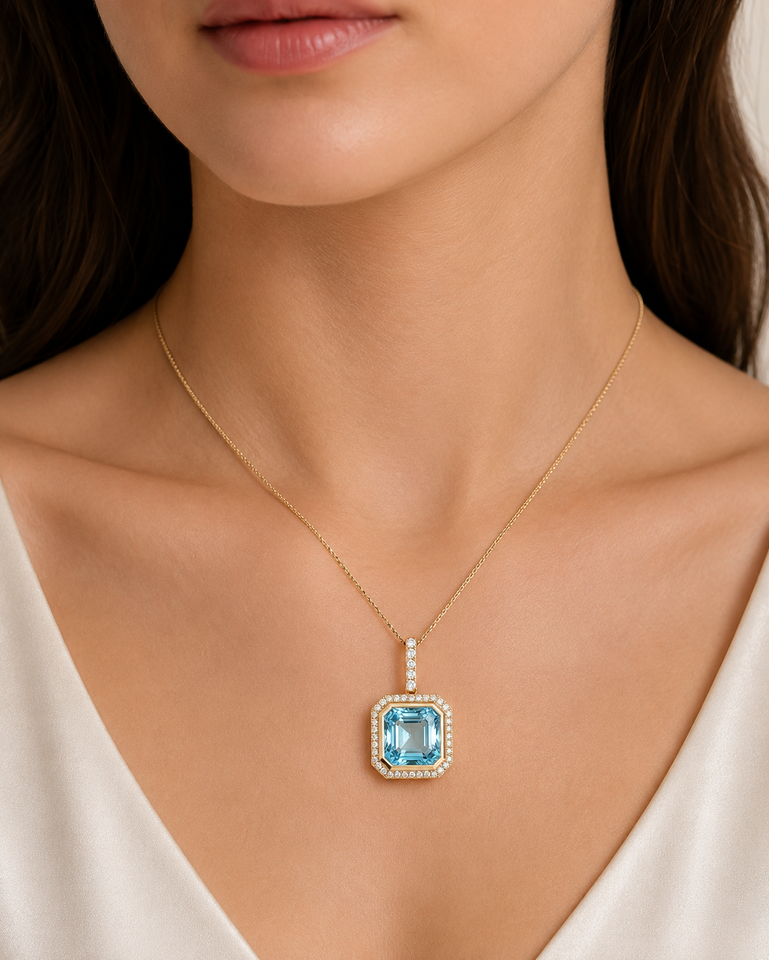 Yellow Gold Blue Topaz and Diamond Necklace