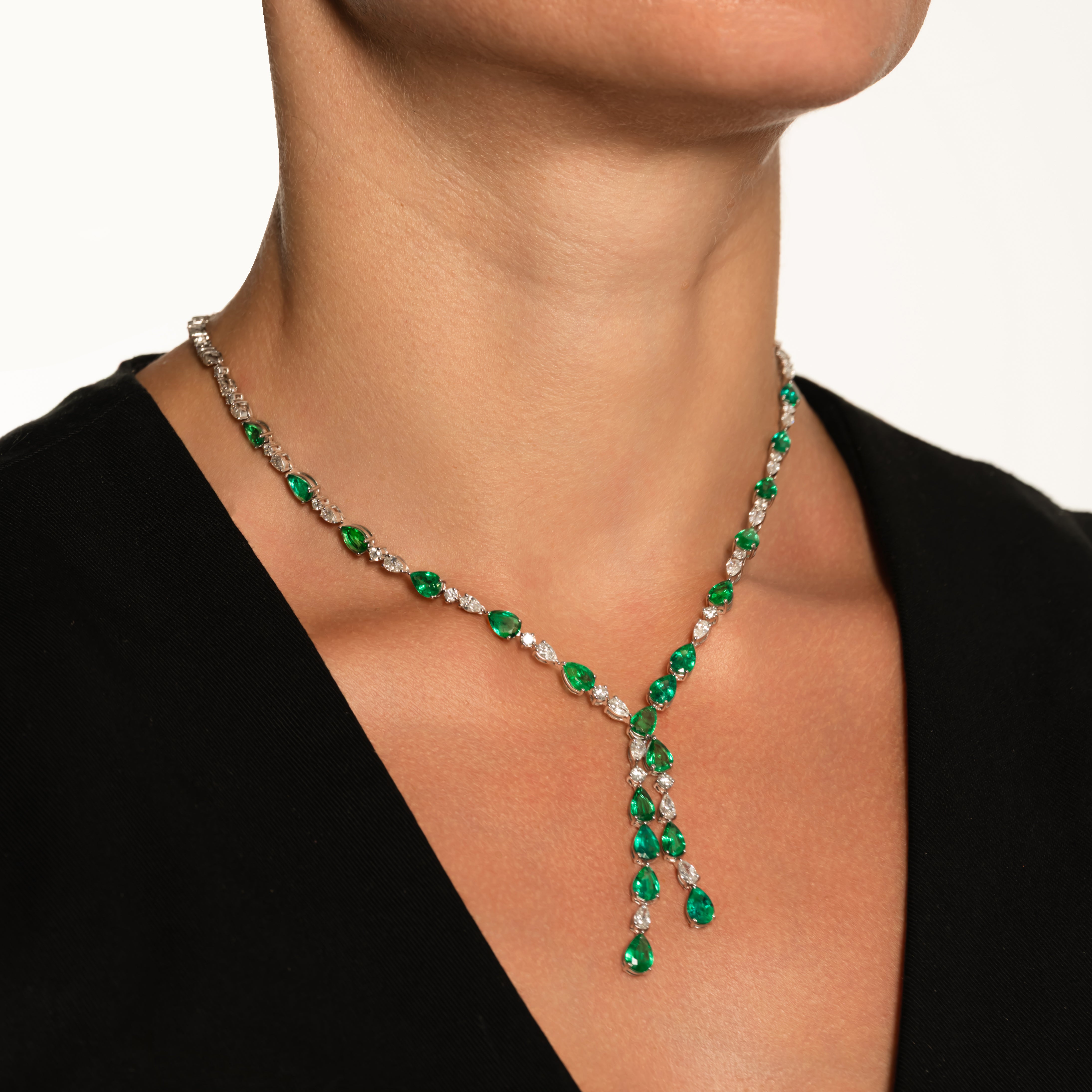 White Gold Gemstone Necklace with Diamond, Emerald Stones