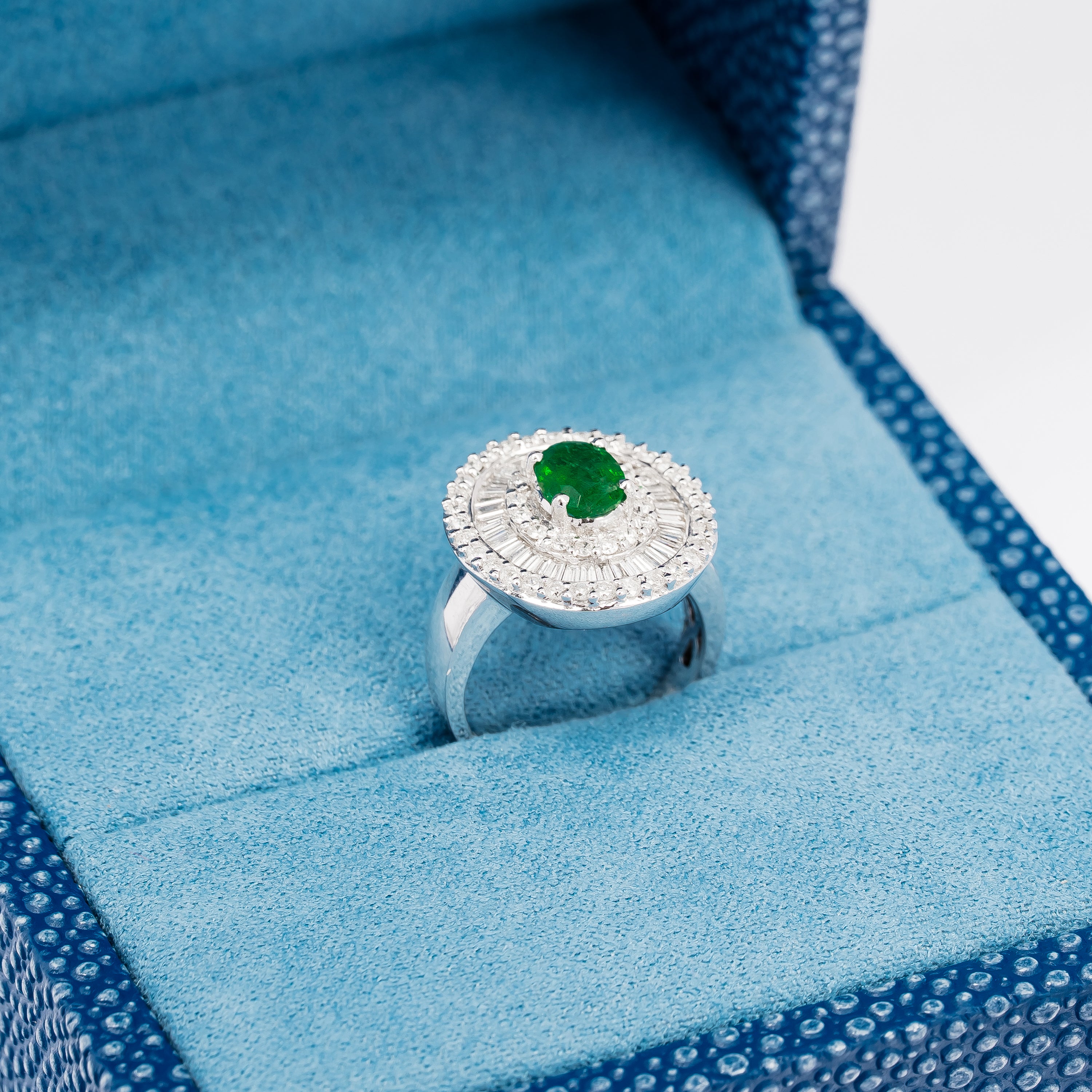 White Gold Ring with Diamond, Emerald Stones