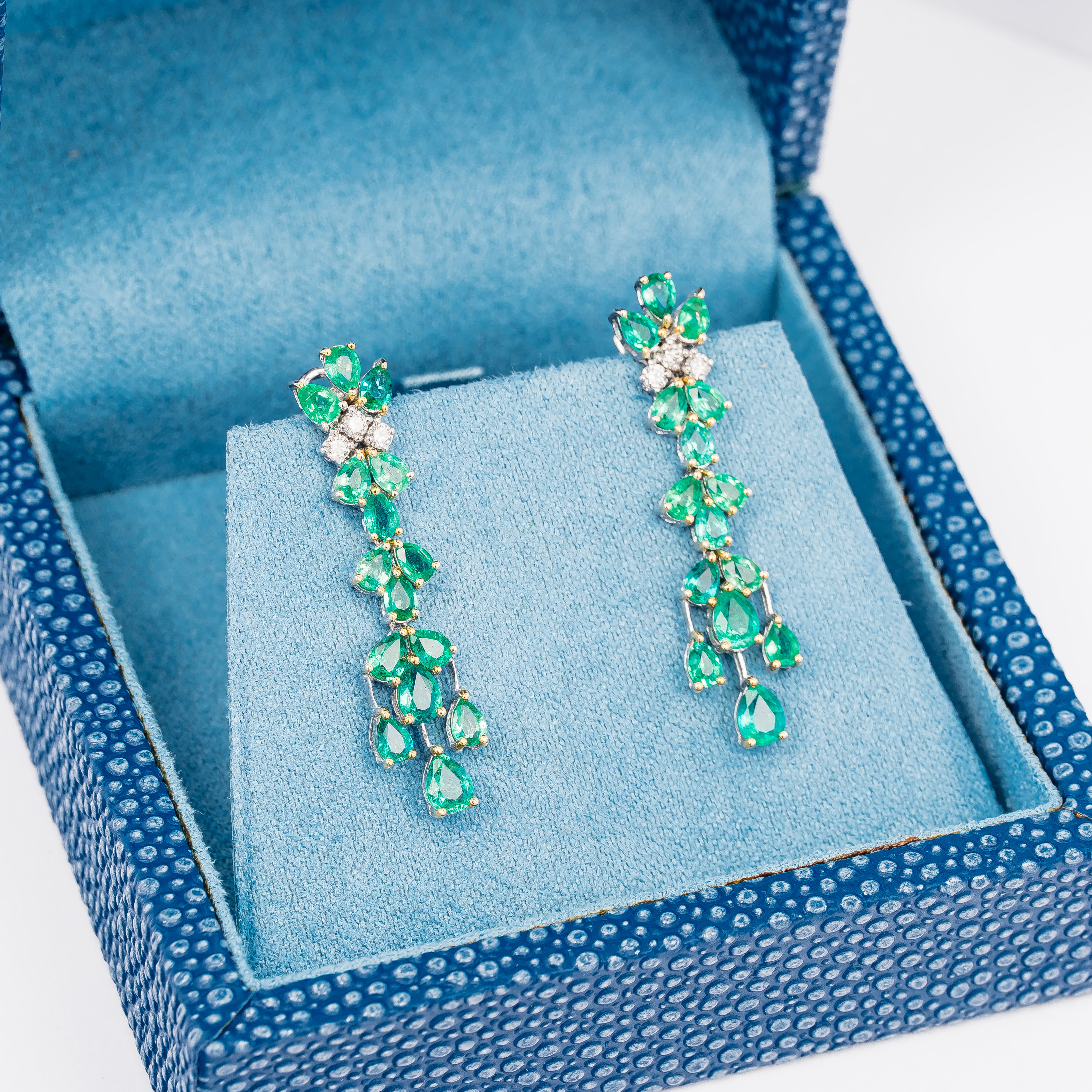 White Gold Drop Earrings with Diamond, Emerald Stones