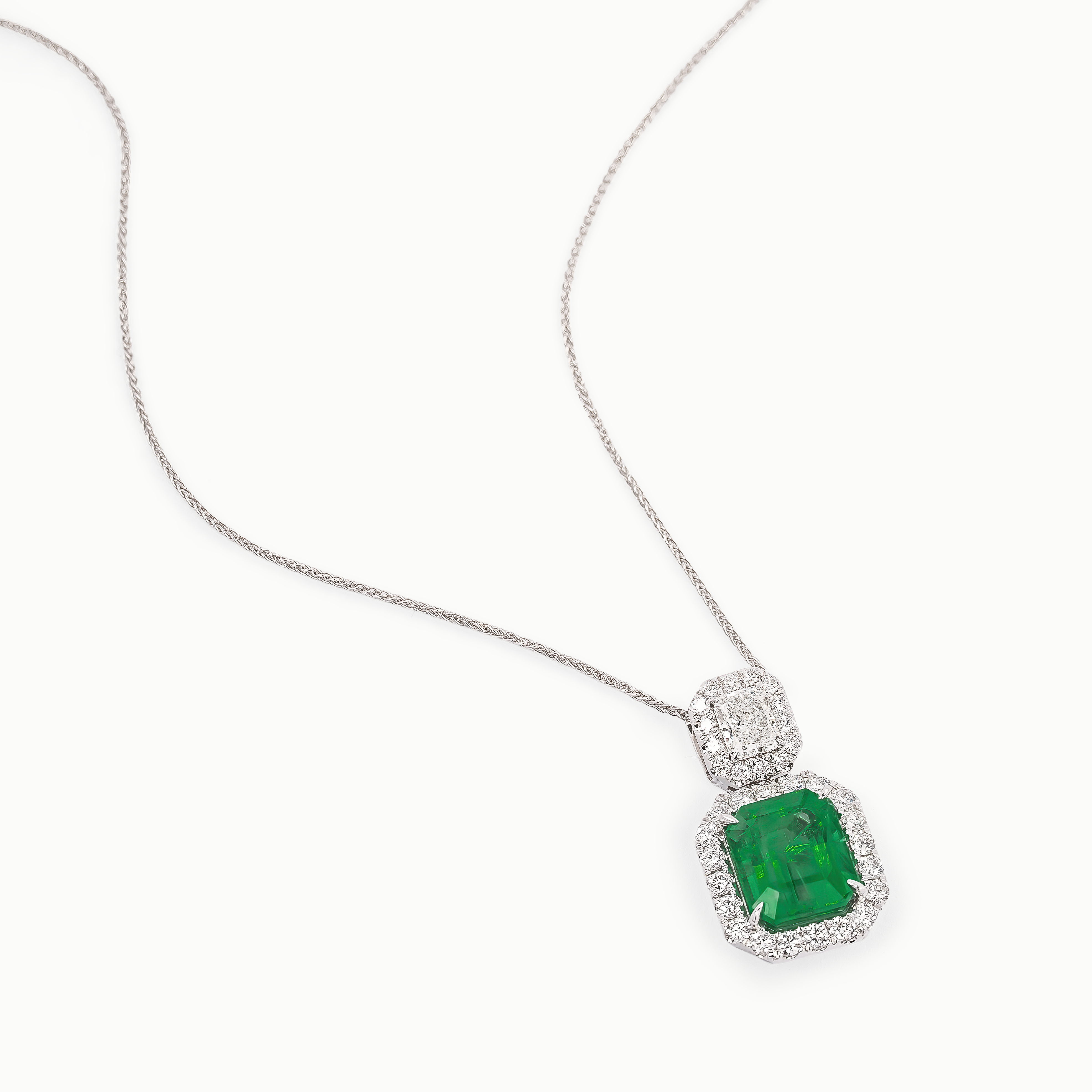 White Gold Pendant Necklace With Diamond, Emerald Stones