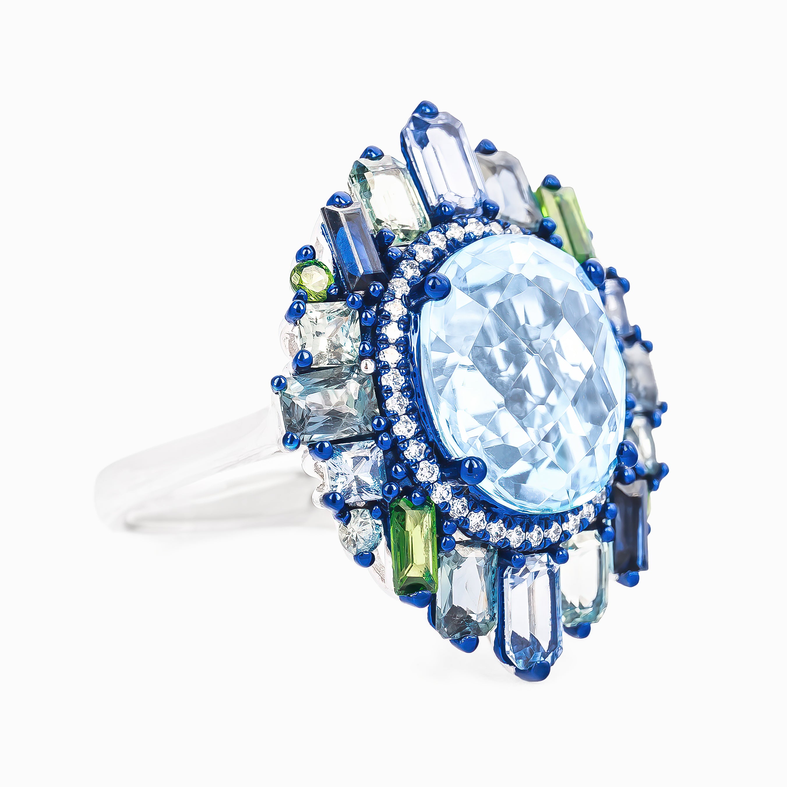 BLUE TOPAZ AND COLORED STONES RING