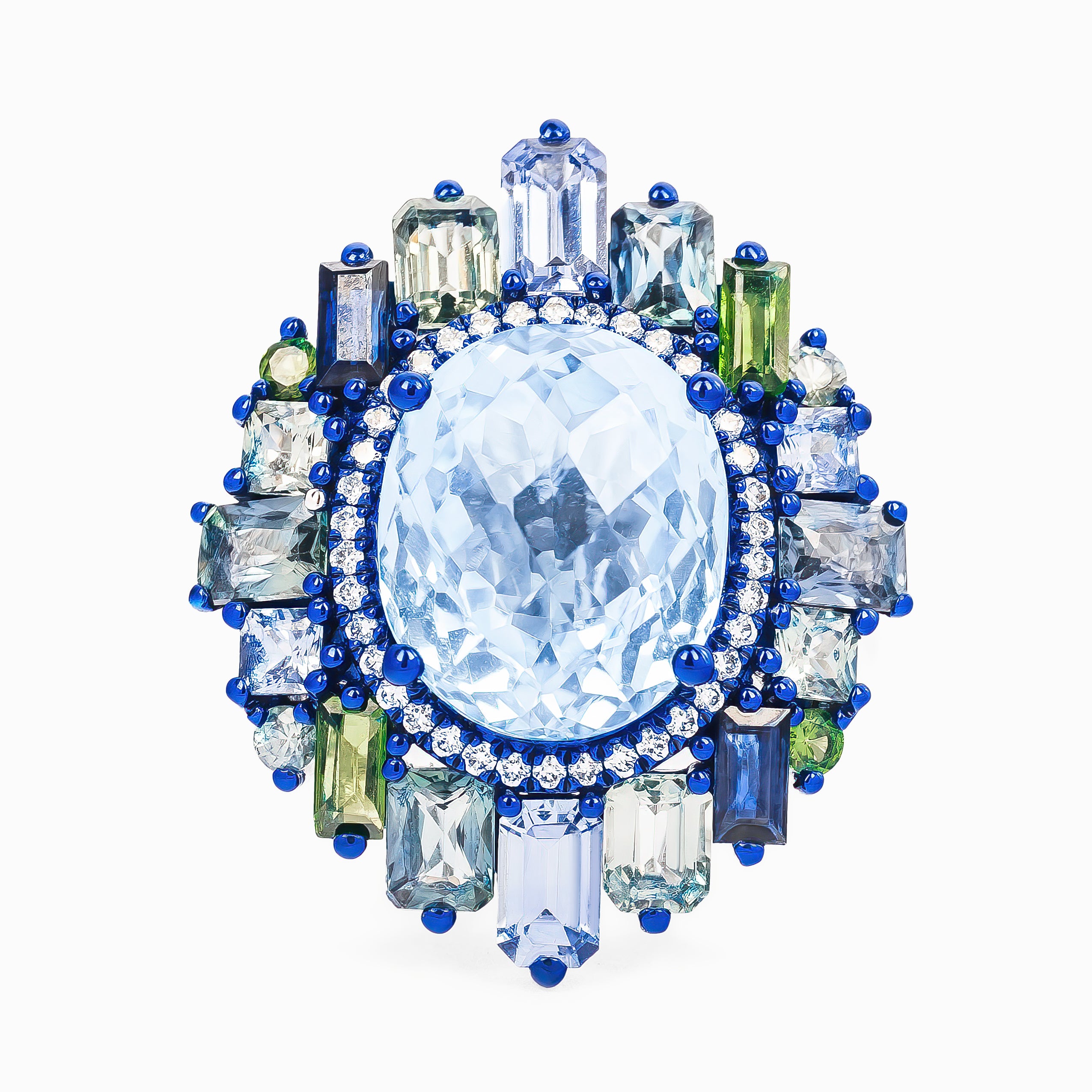 BLUE TOPAZ AND COLORED STONES RING