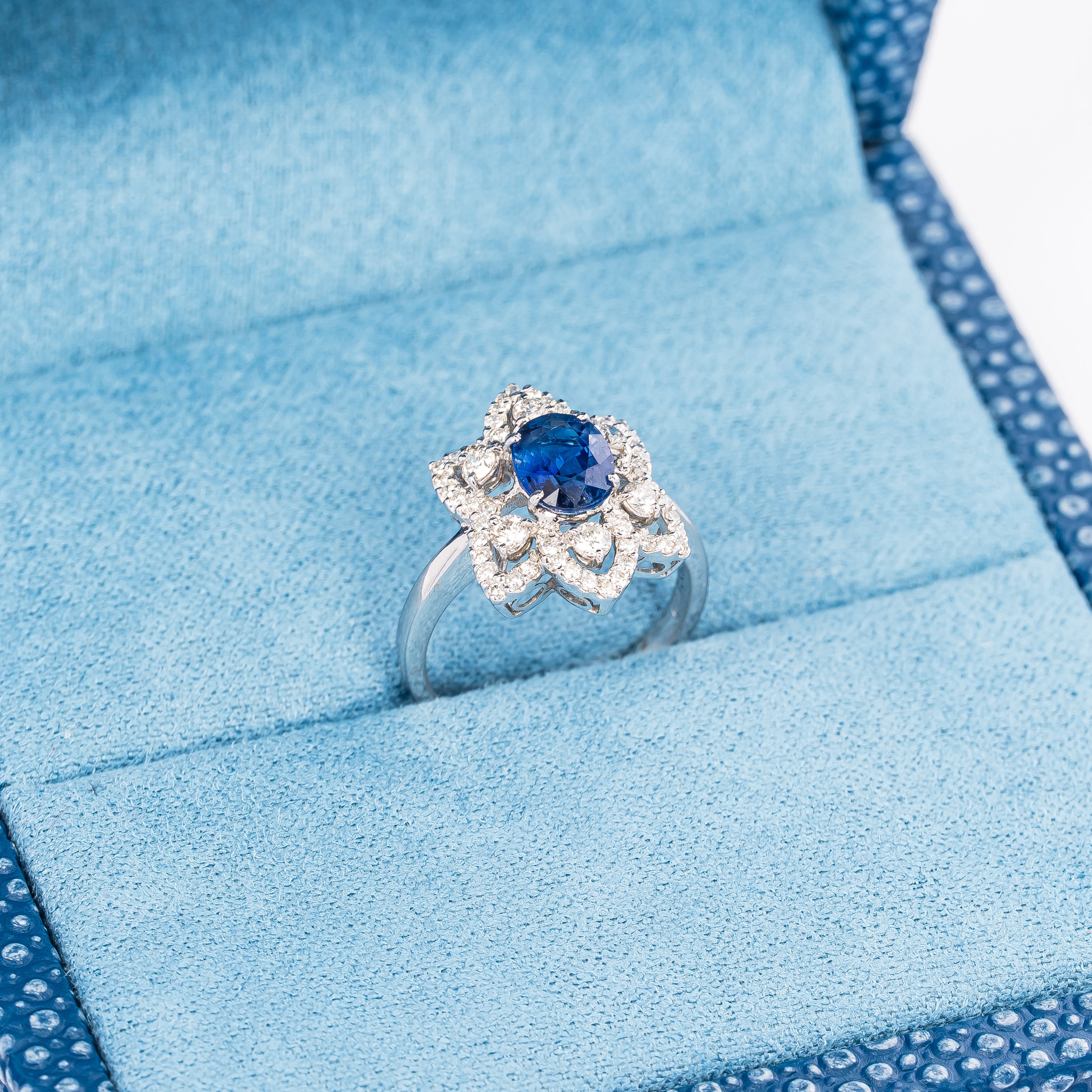 White Gold Ring with Diamond, Sapphire Stones