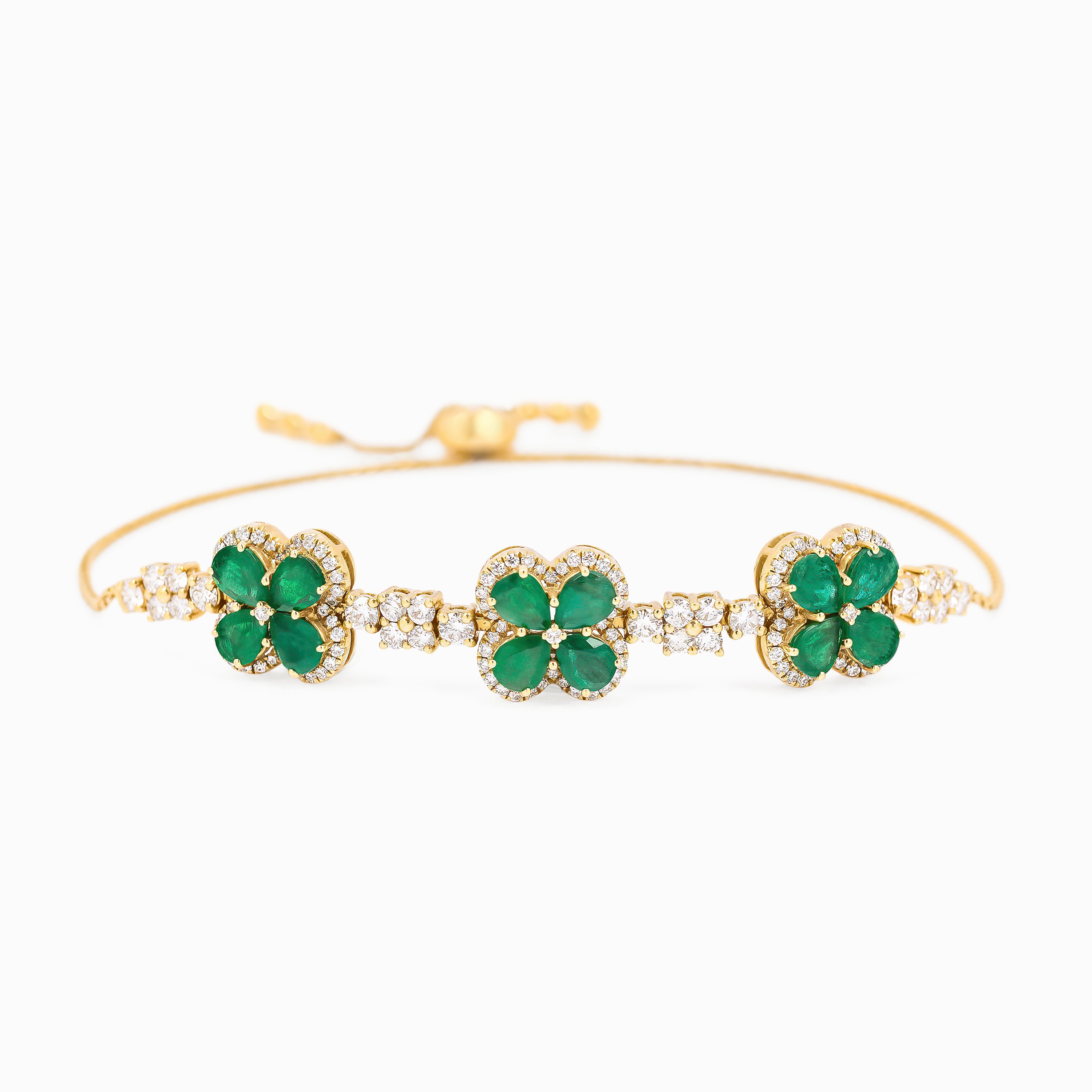 Yellow Gold Bangle Gemstone Bracelet with Diamond, Emerald Stones
