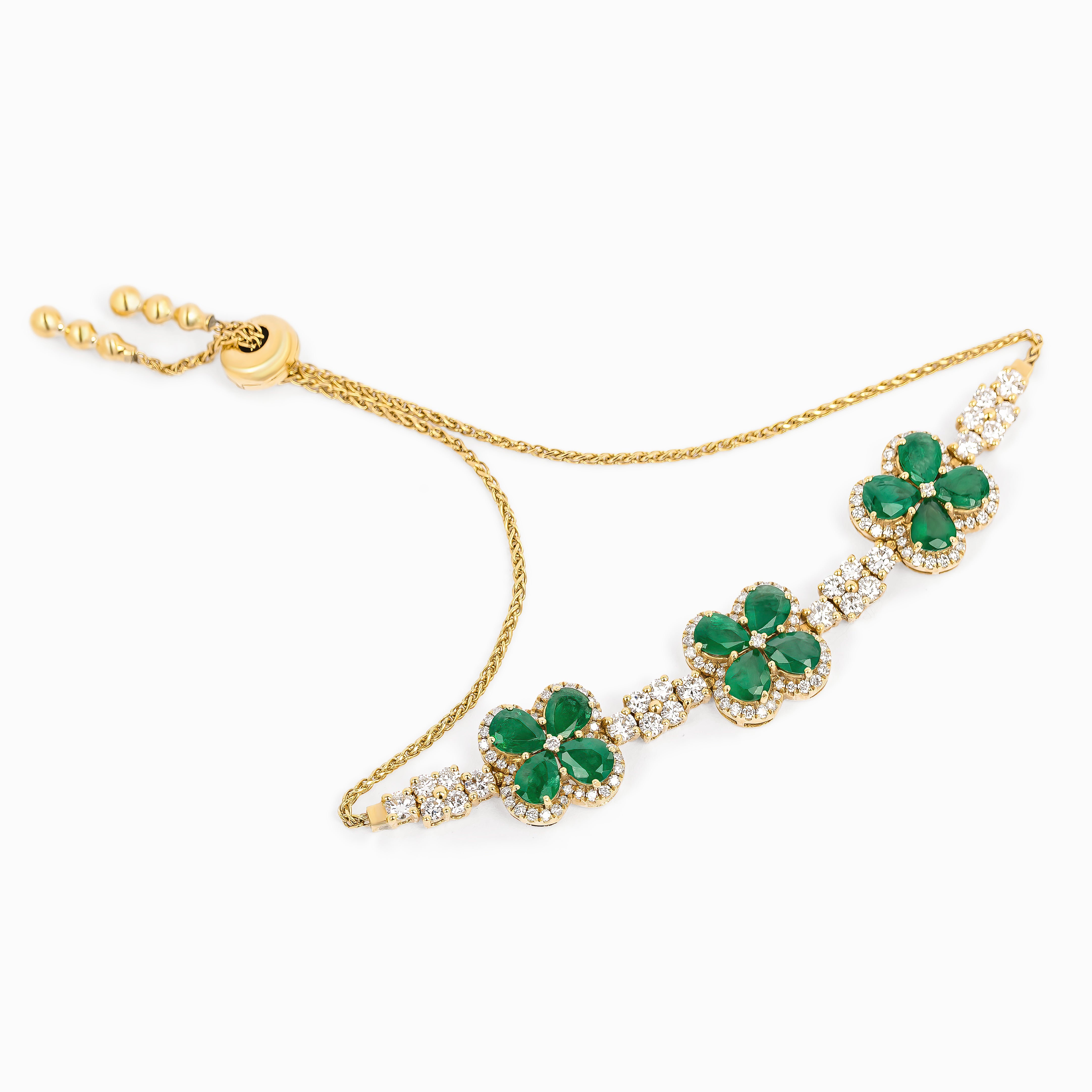 Yellow Gold Bangle Gemstone Bracelet with Diamond, Emerald Stones