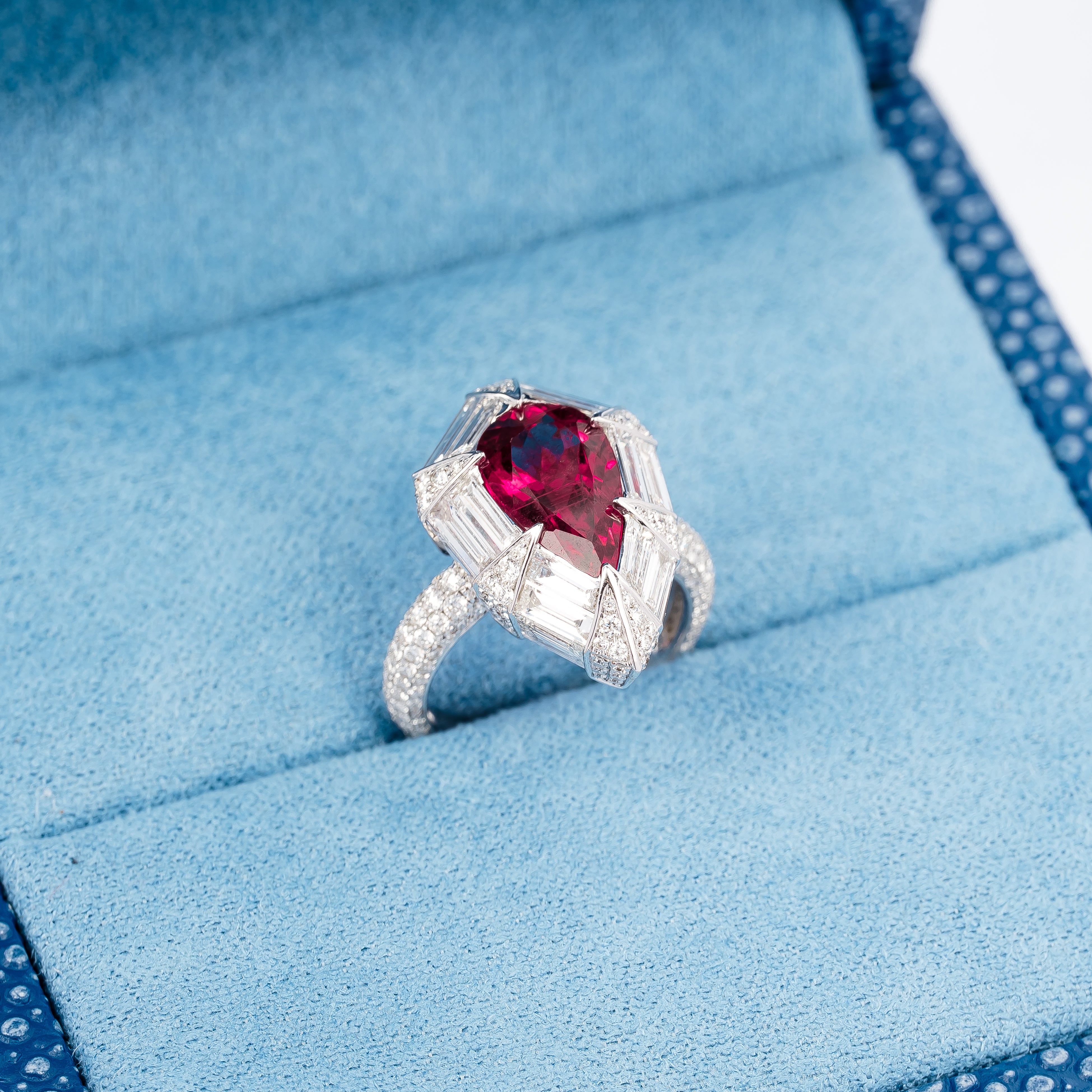 White Gold Ring with Diamond, Rhodolite Stones