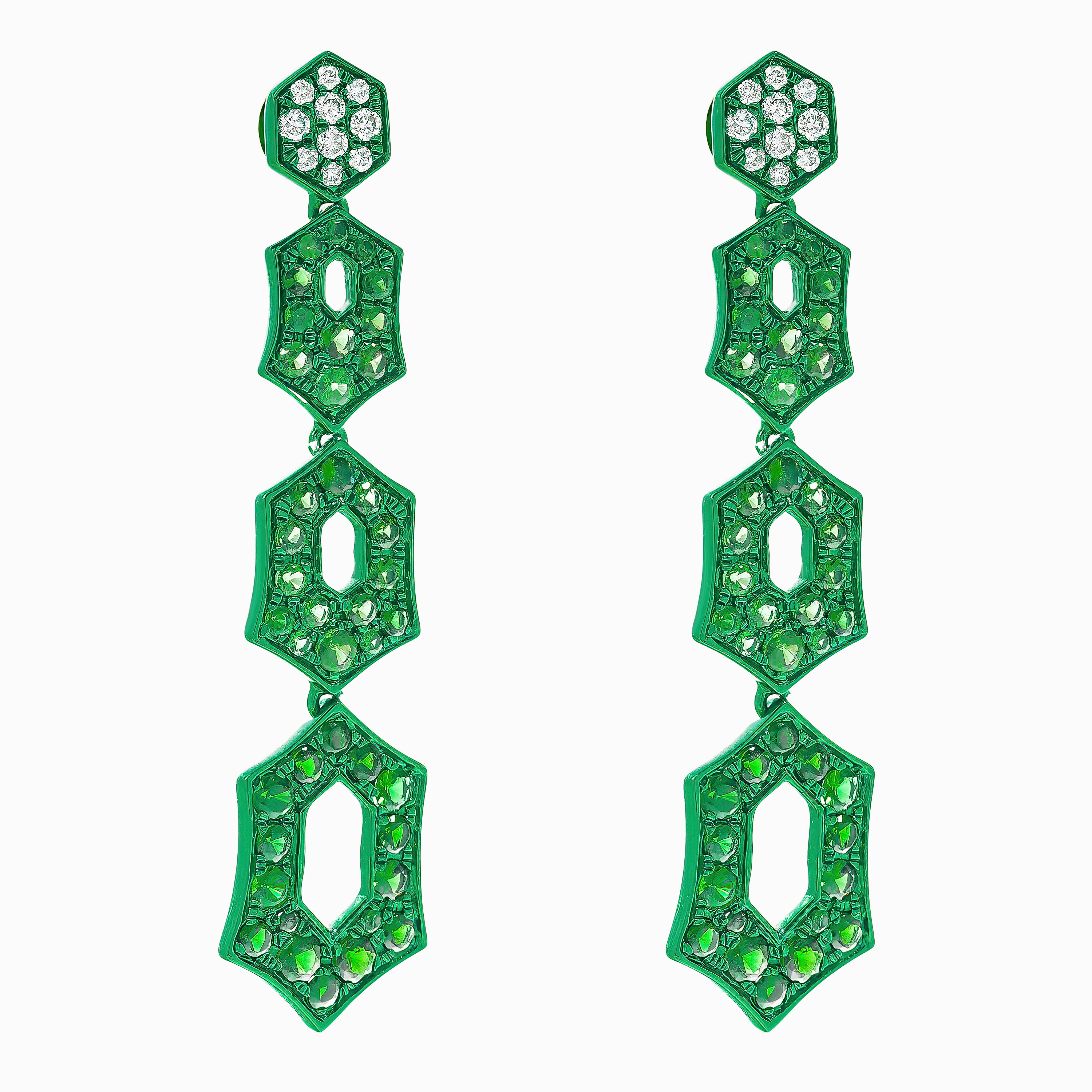 Yellow Gold Drop Earrings with Diamond, Tsavorite Stones