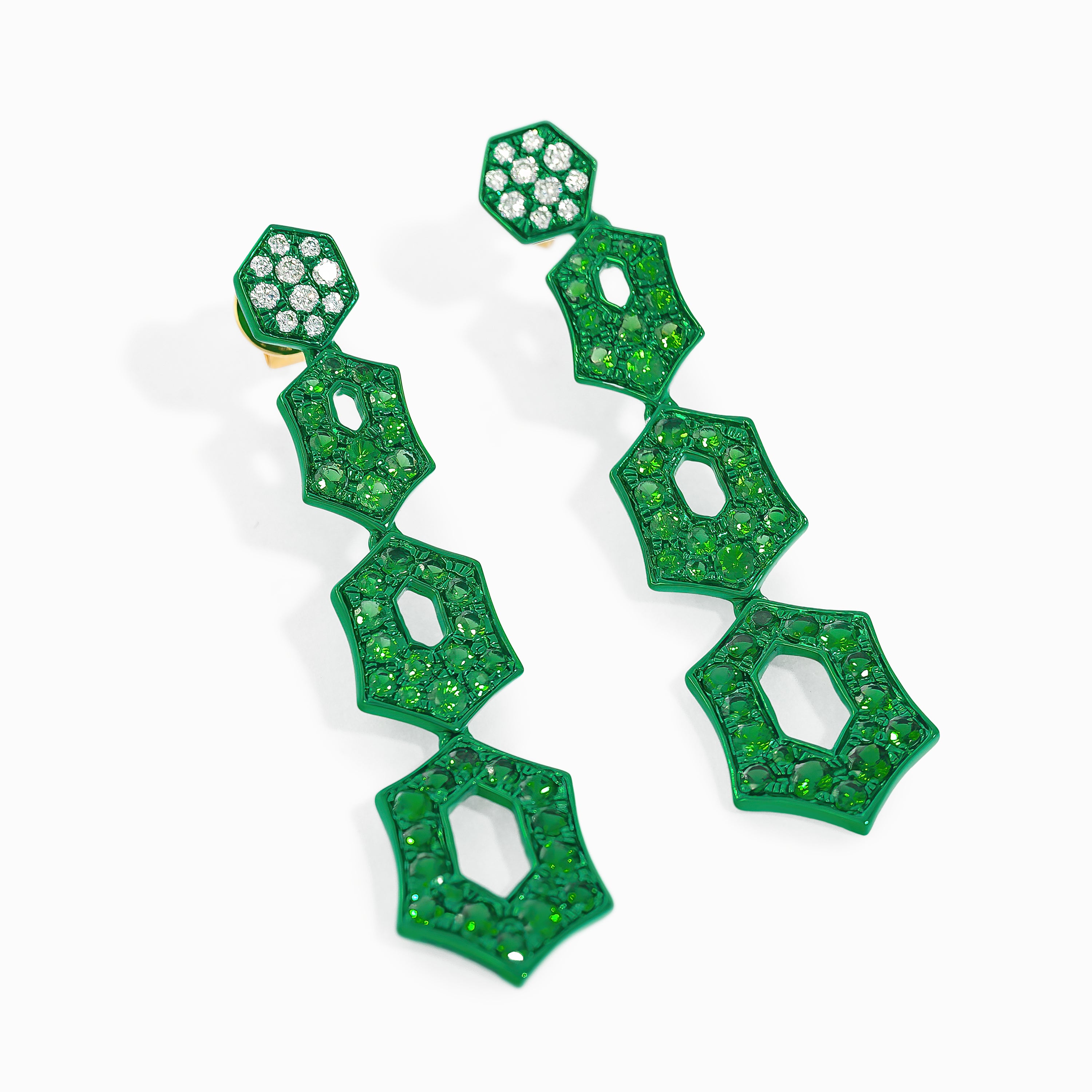 Yellow Gold Drop Earrings with Diamond, Tsavorite Stones