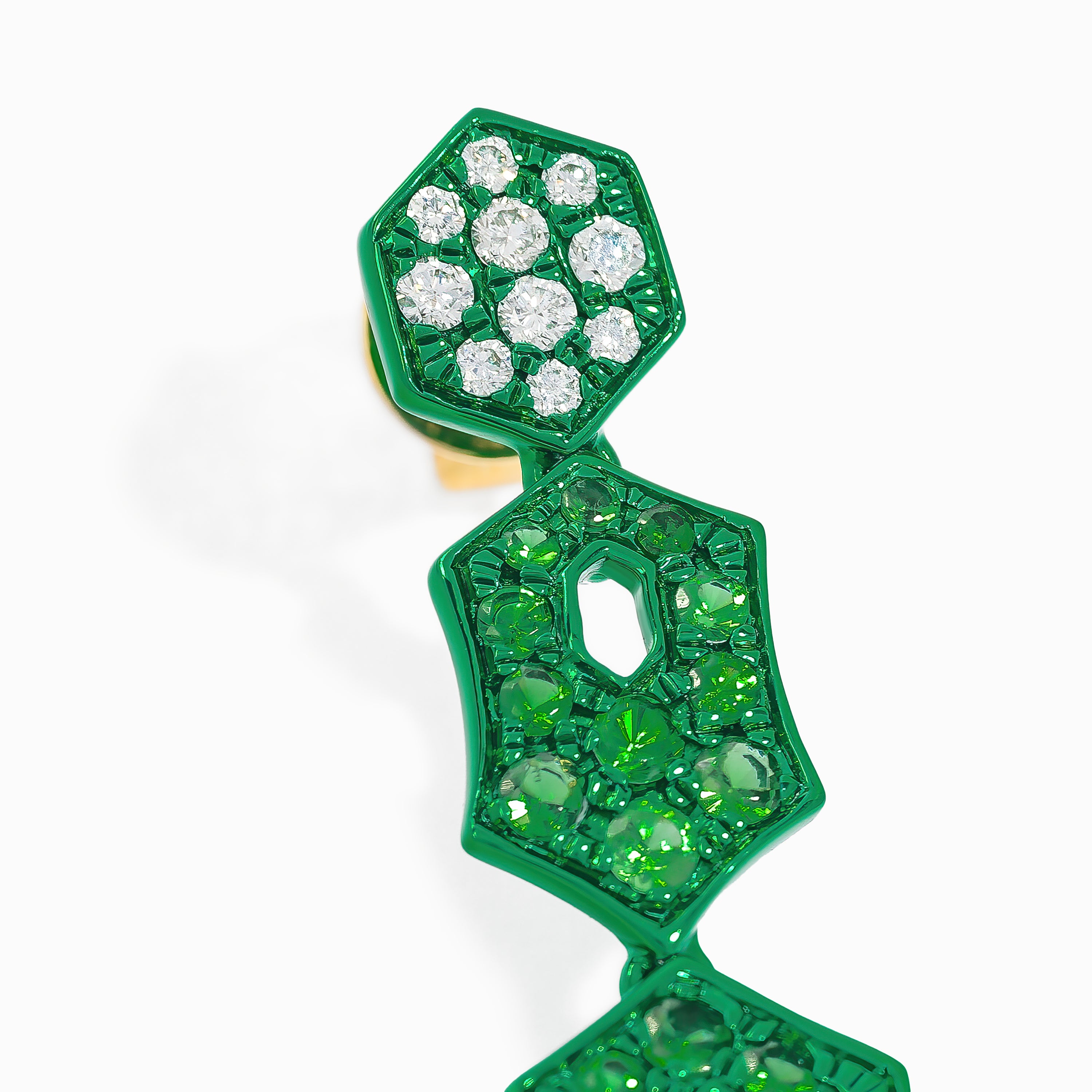 Yellow Gold Drop Earrings with Diamond, Tsavorite Stones