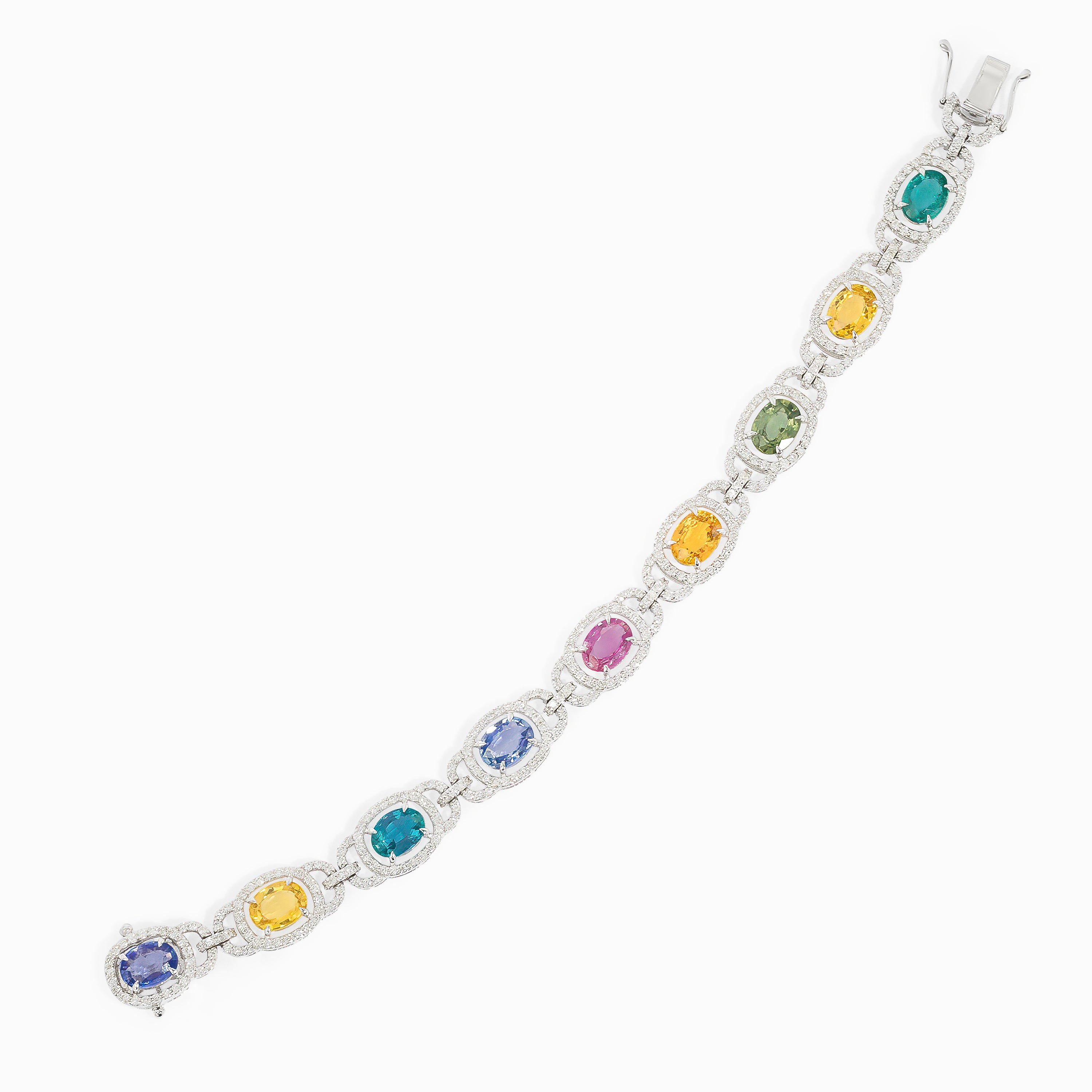 White Gold Gemstone Bracelet with Diamond, Emerald, Sapphire Stones