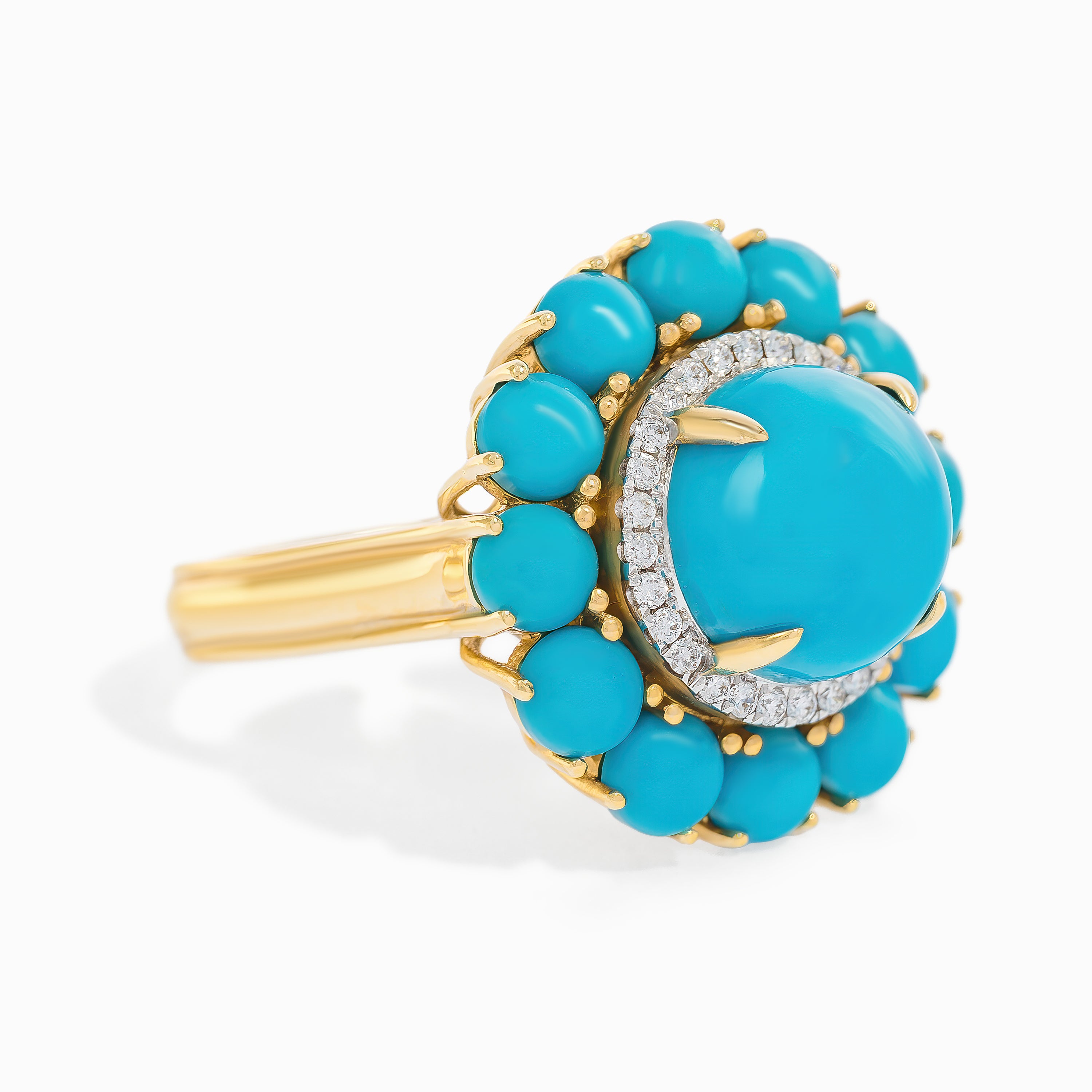 Yellow Gold Ring with Diamond, Turquoise Stones