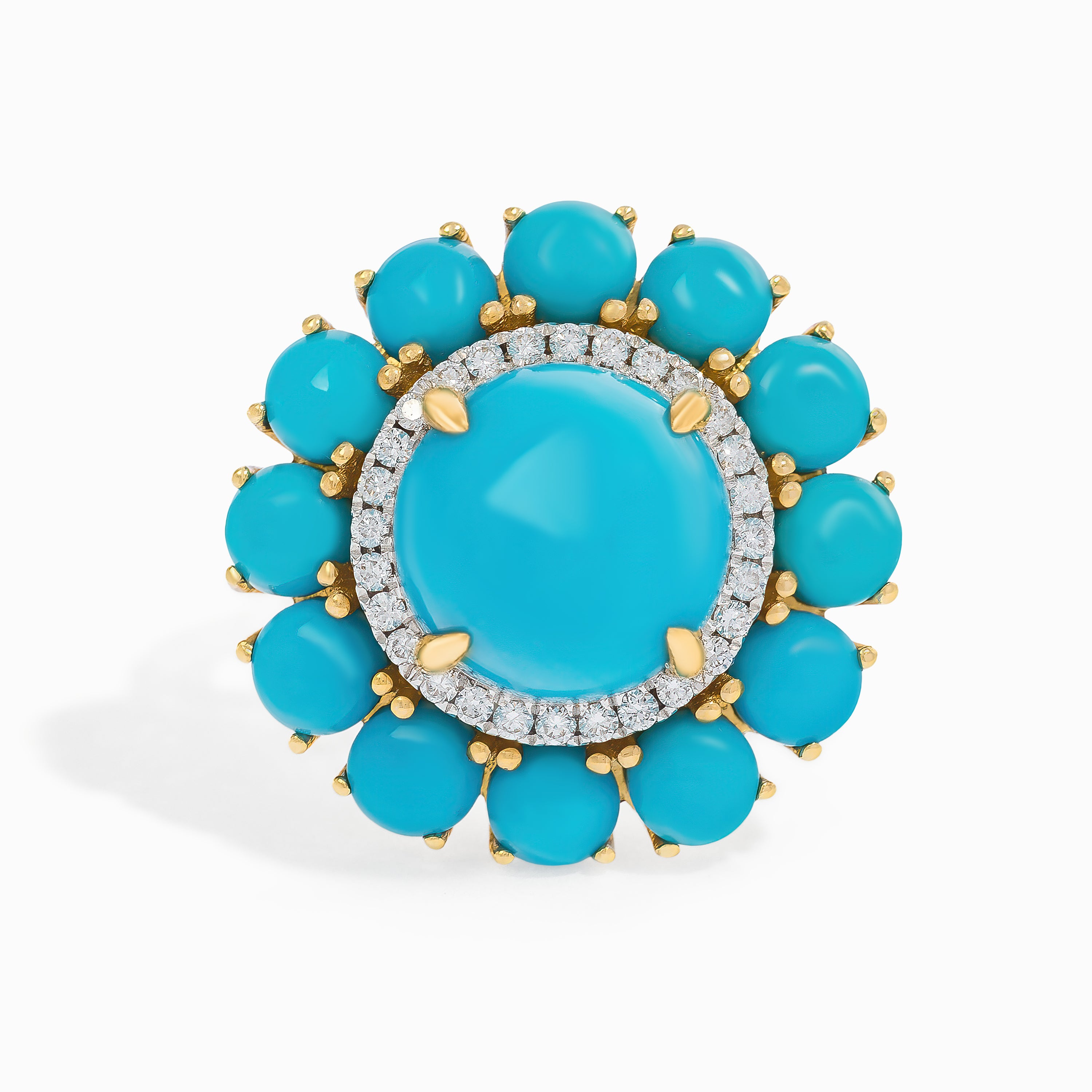 Yellow Gold Ring with Diamond, Turquoise Stones