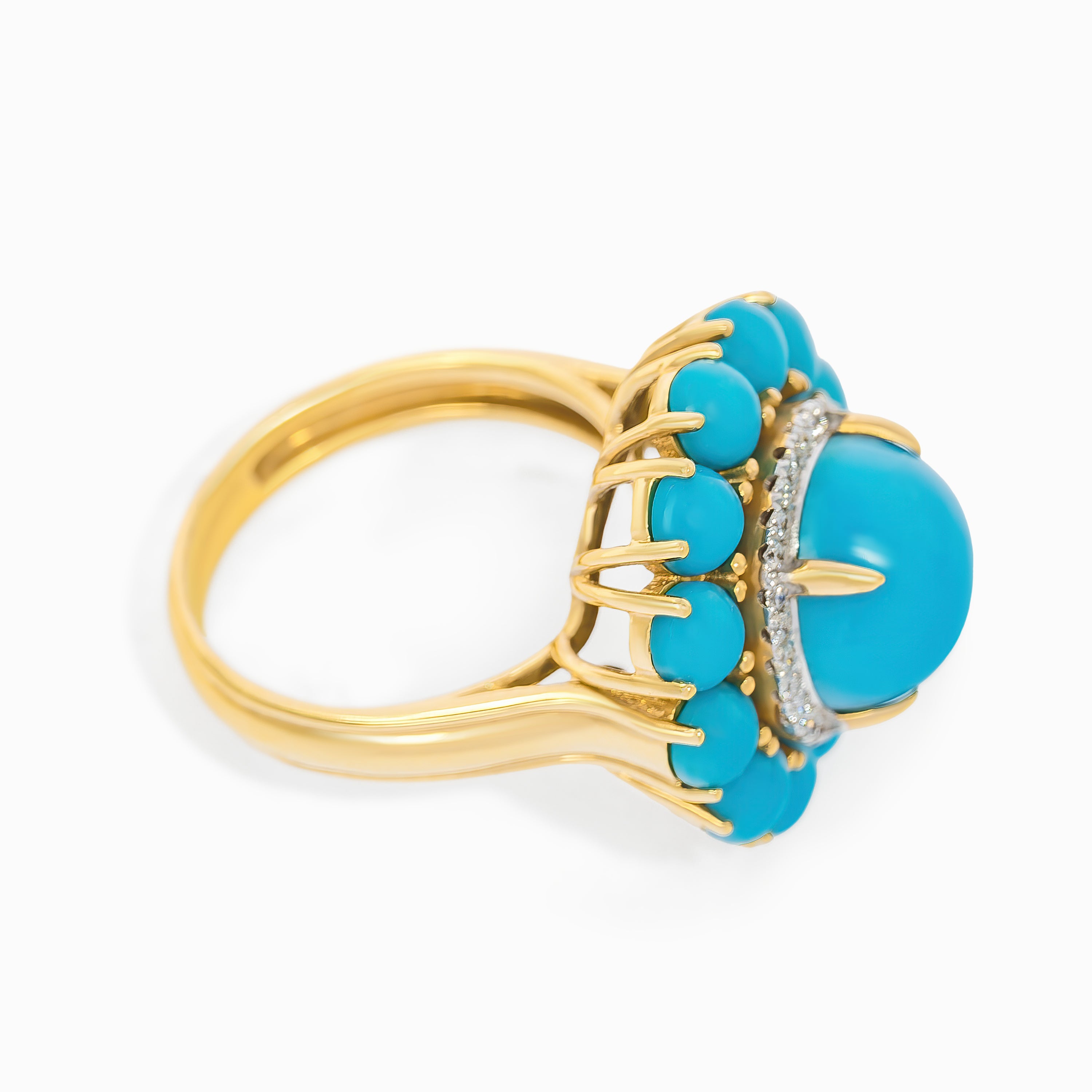 Yellow Gold Ring with Diamond, Turquoise Stones