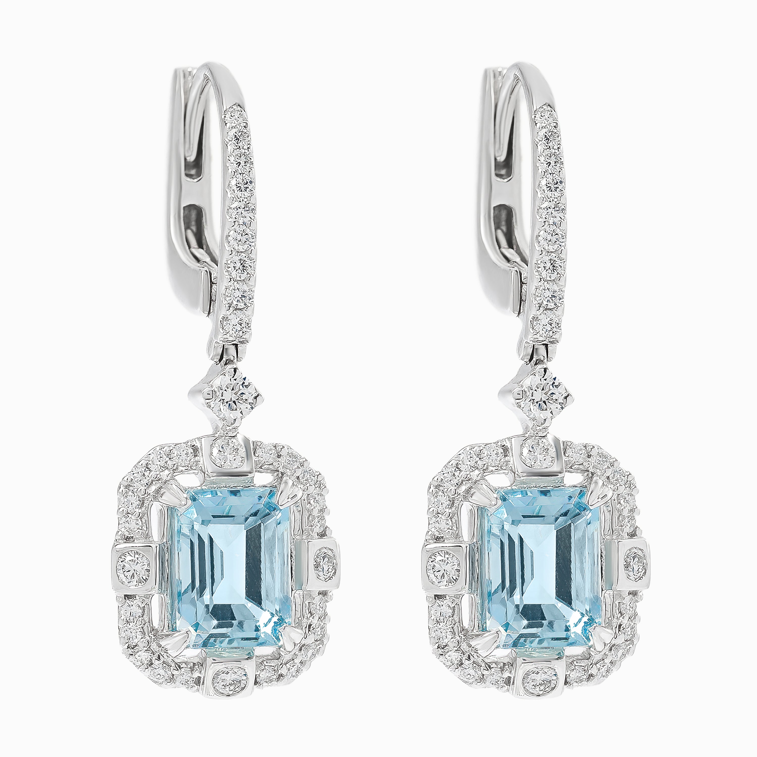 White Gold Drop Earrings with Aquamarine, Diamond Stones