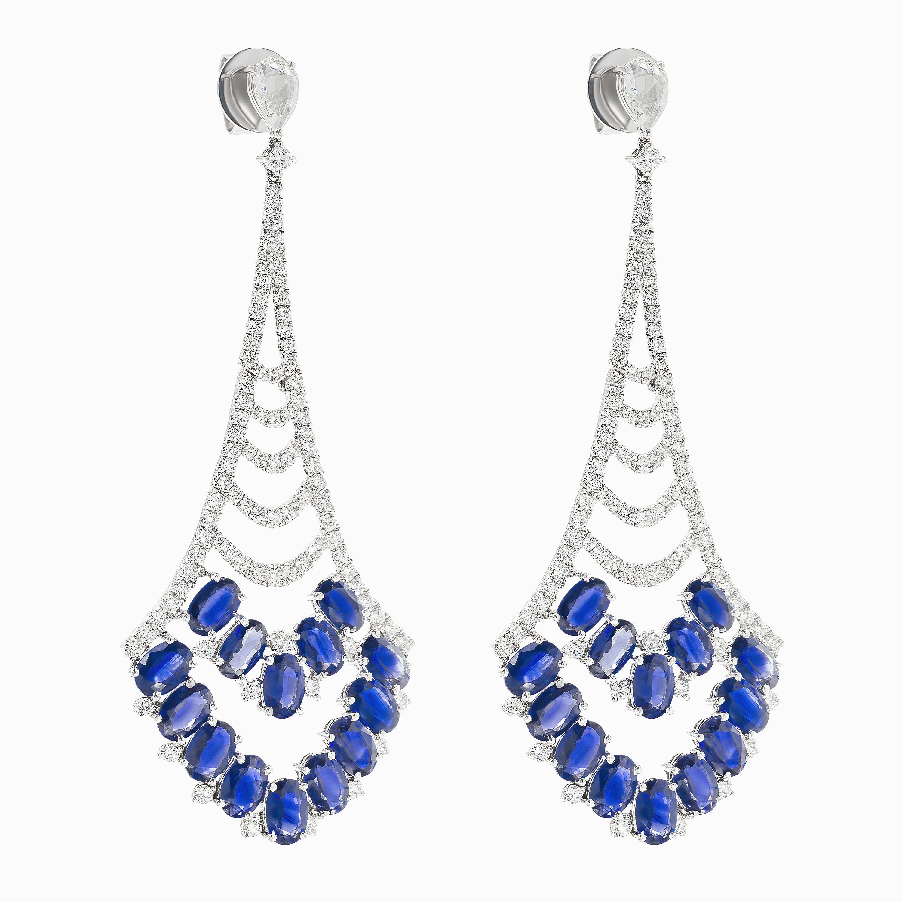 White Gold Drop Earrings with Diamond, Sapphire Stones