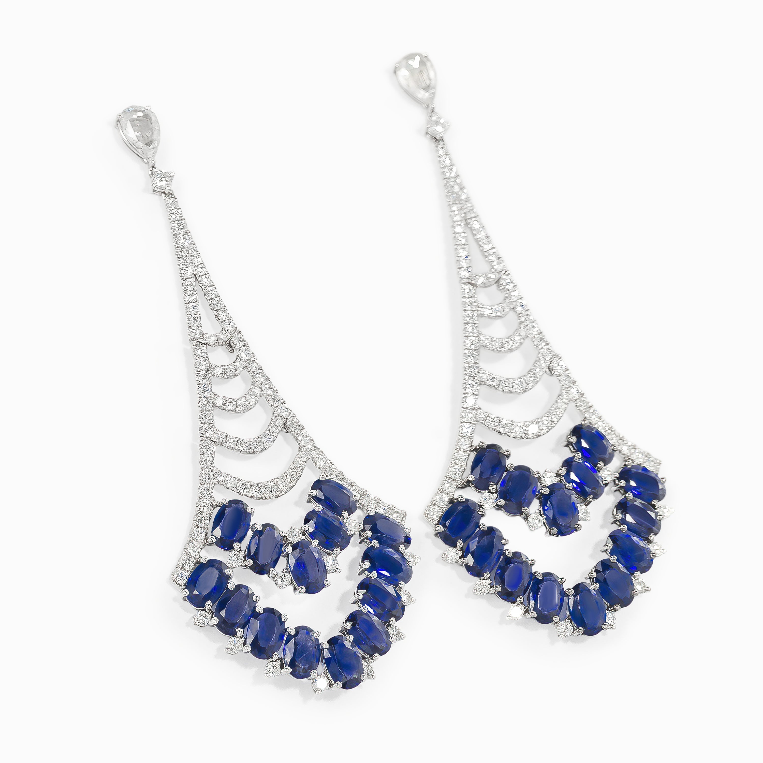 White Gold Drop Earrings with Diamond, Sapphire Stones