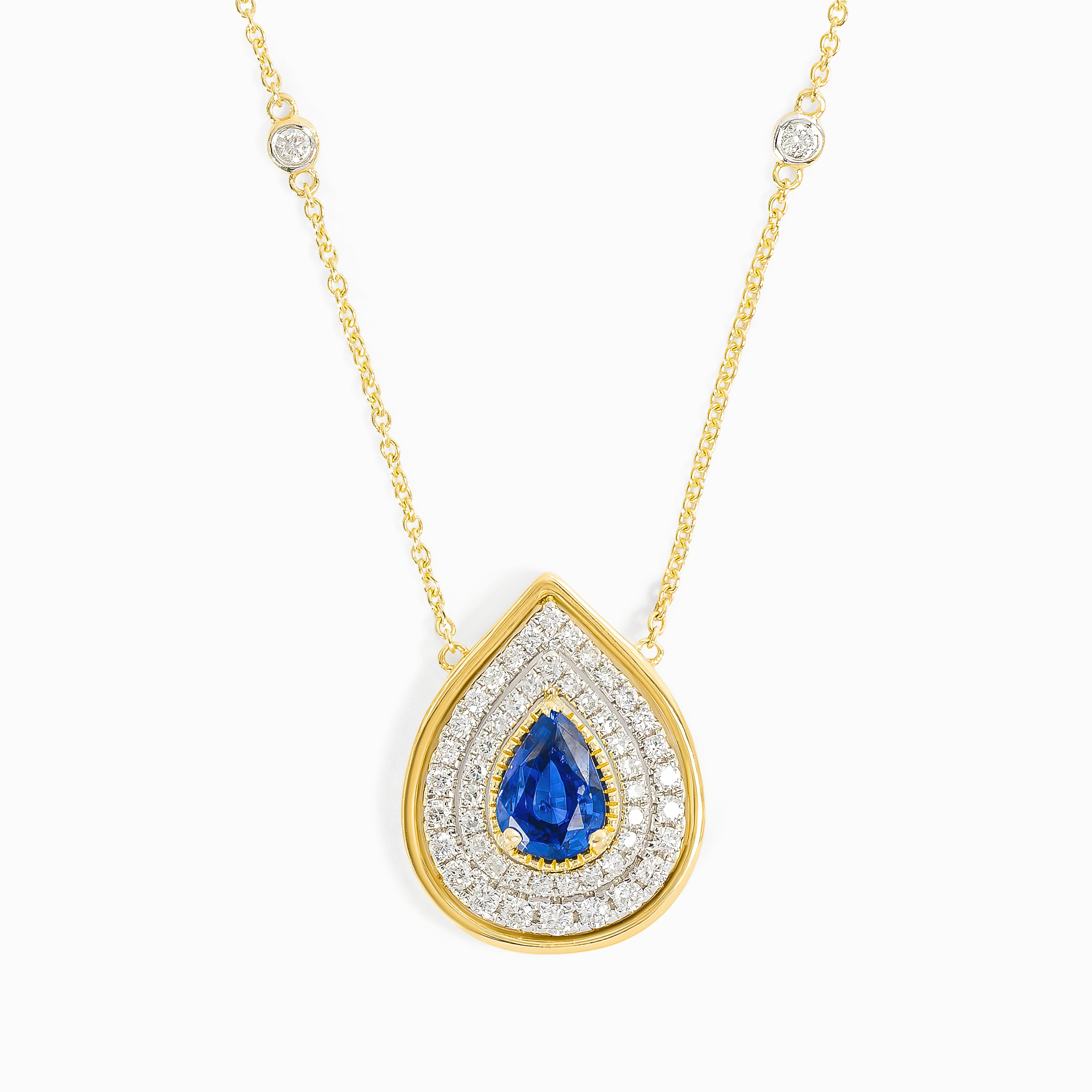 Yellow Gold Pendant Necklace with Diamond, Sapphire Stones