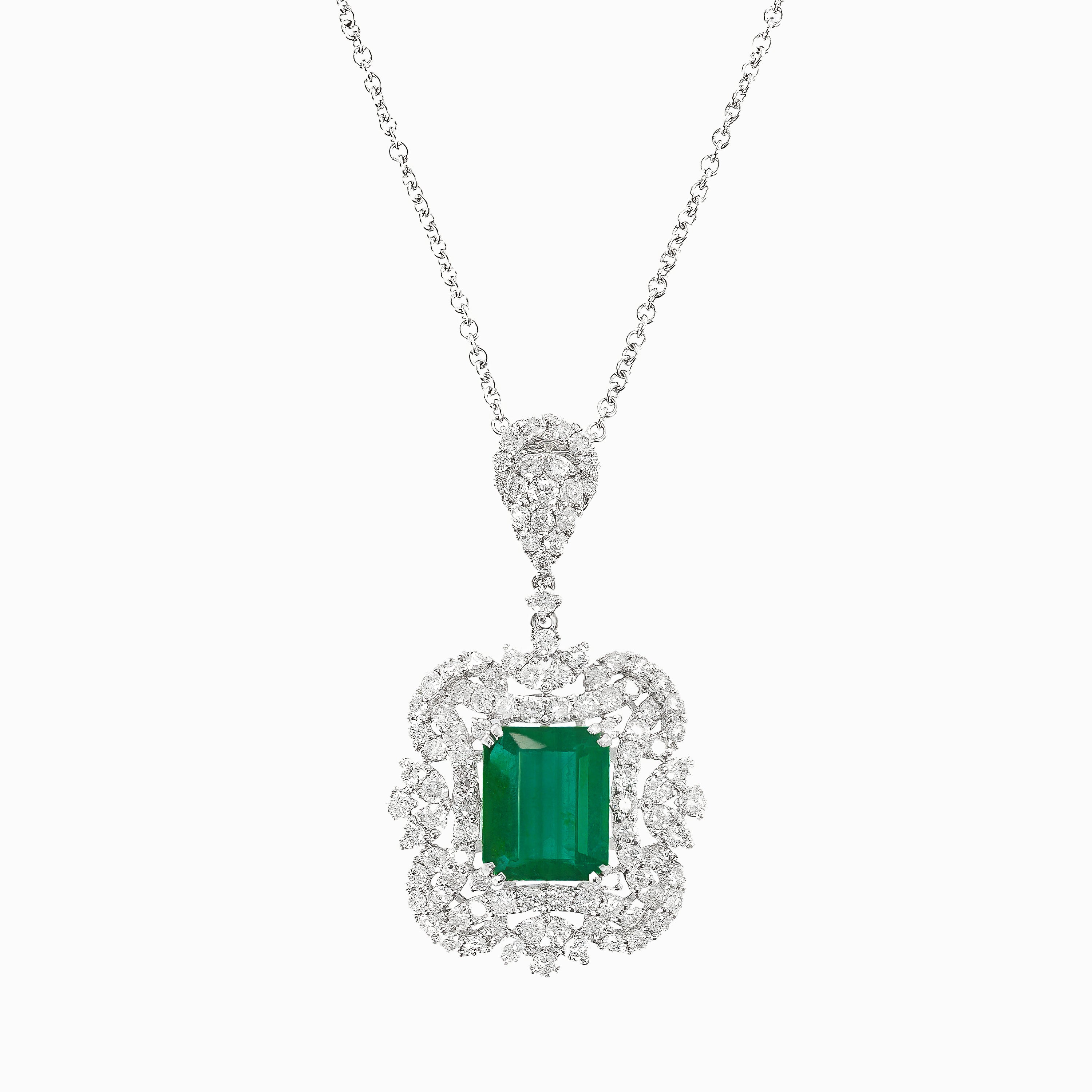 White Gold Pendant Necklace with Diamond, Emerald Stones