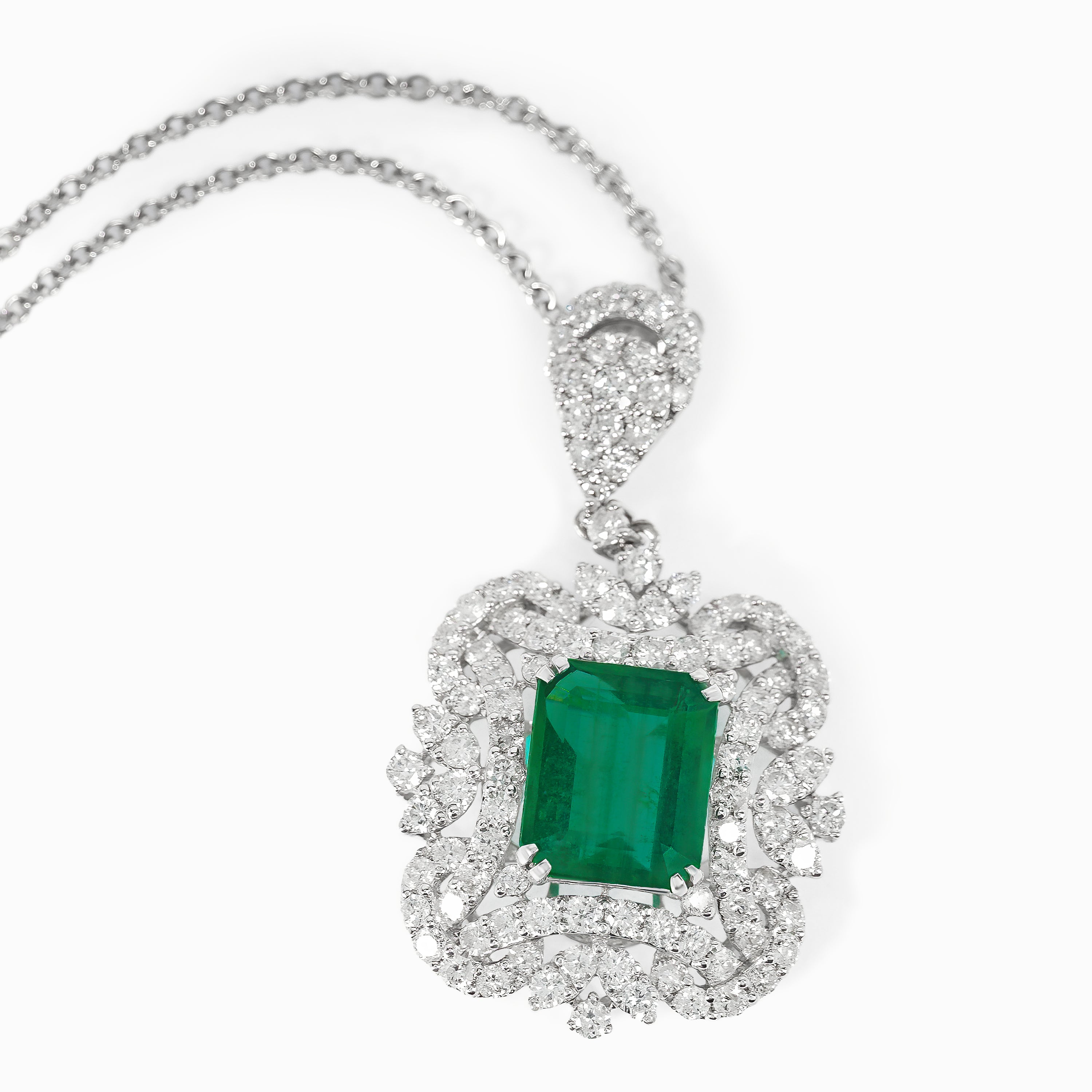 White Gold Pendant Necklace with Diamond, Emerald Stones