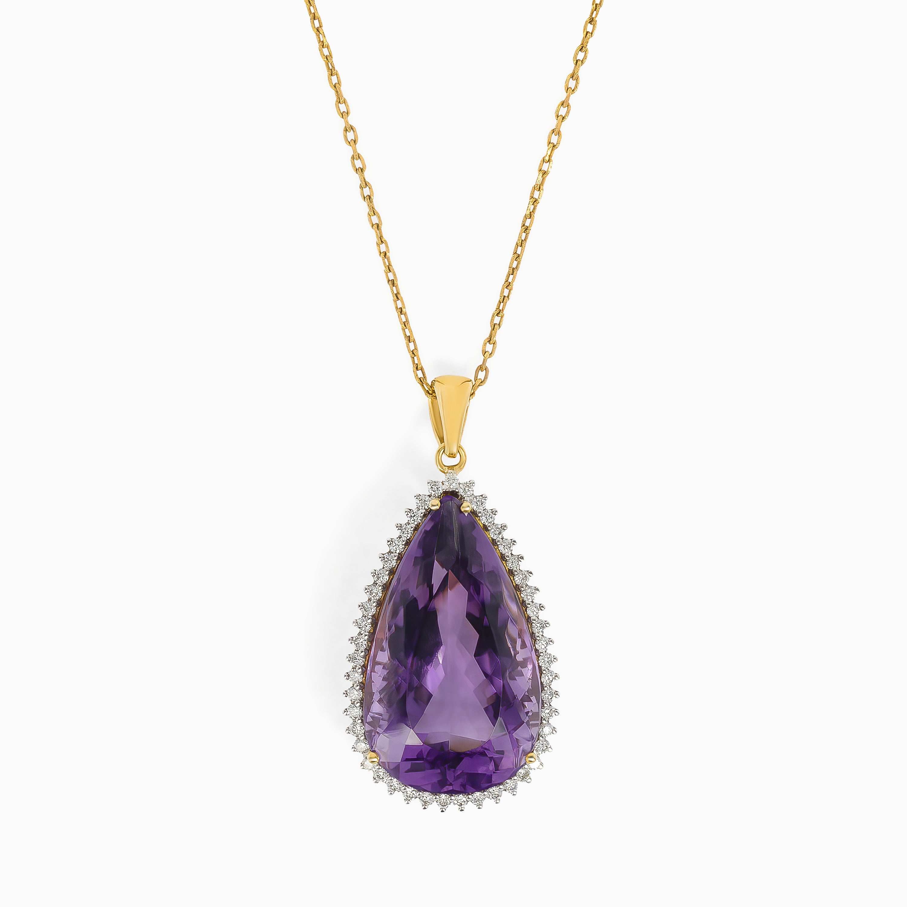 Yellow Gold Pendant Necklace with Amethyst, Diamond Stones