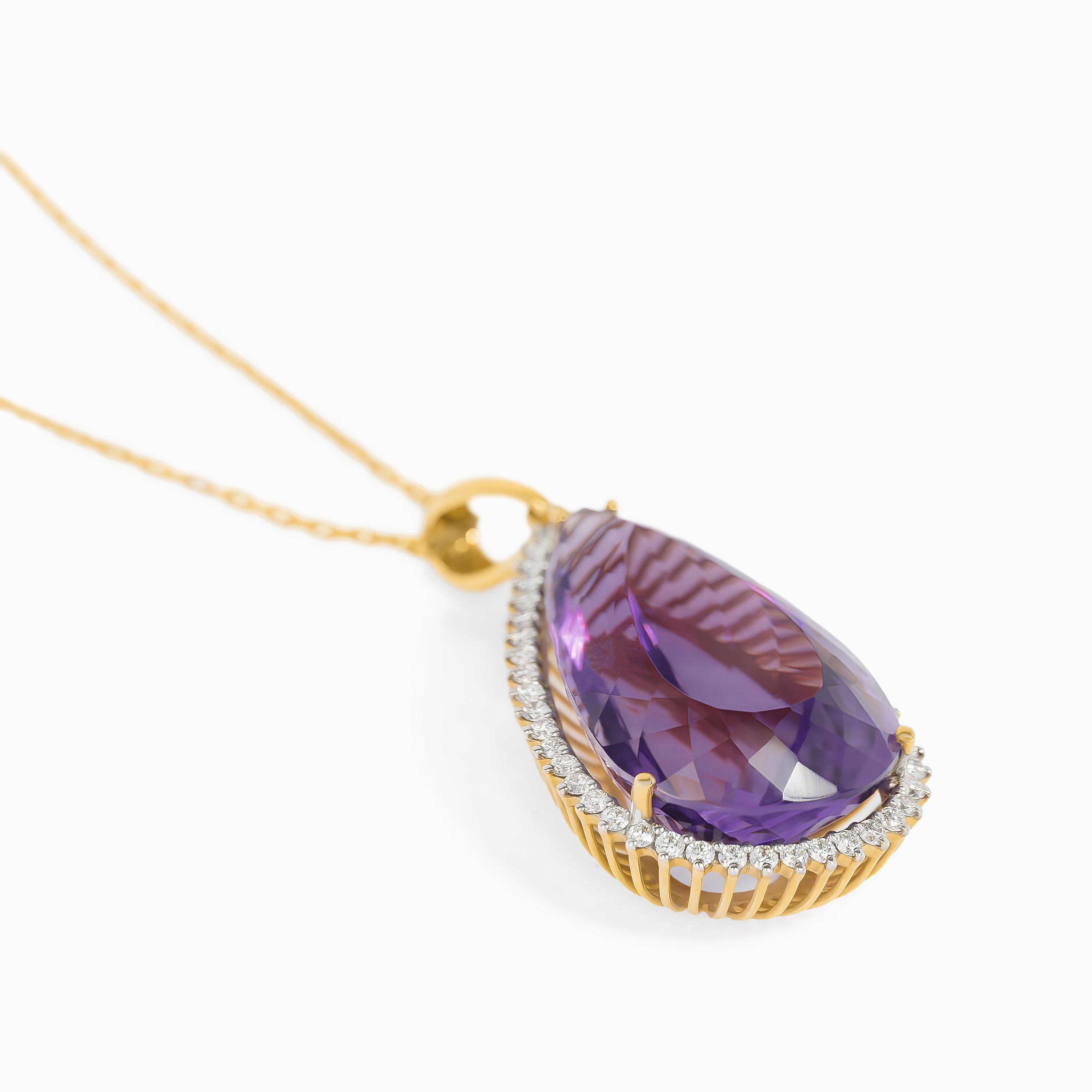 Yellow Gold Pendant Necklace with Amethyst, Diamond Stones