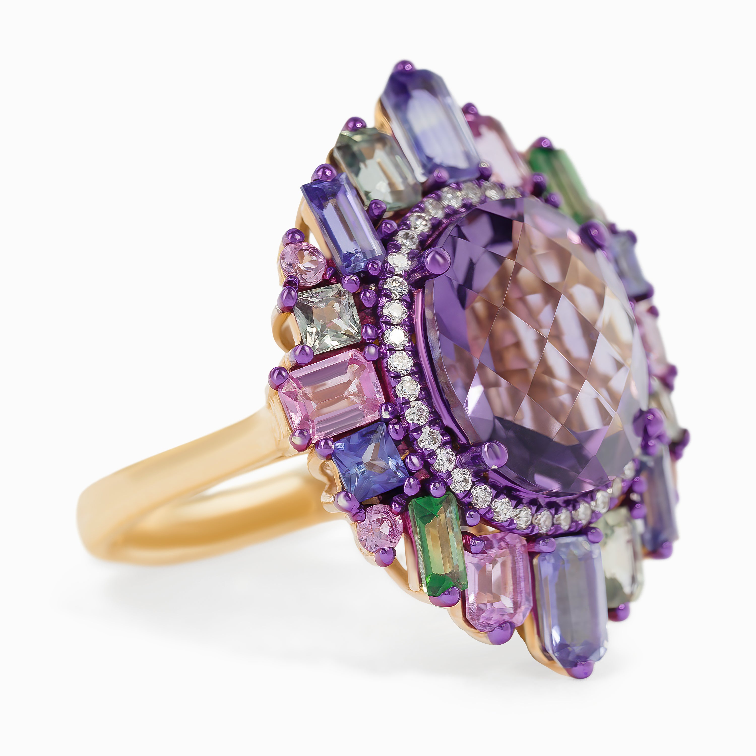 Rose Gold Ring with Amethyst, Diamond Stones