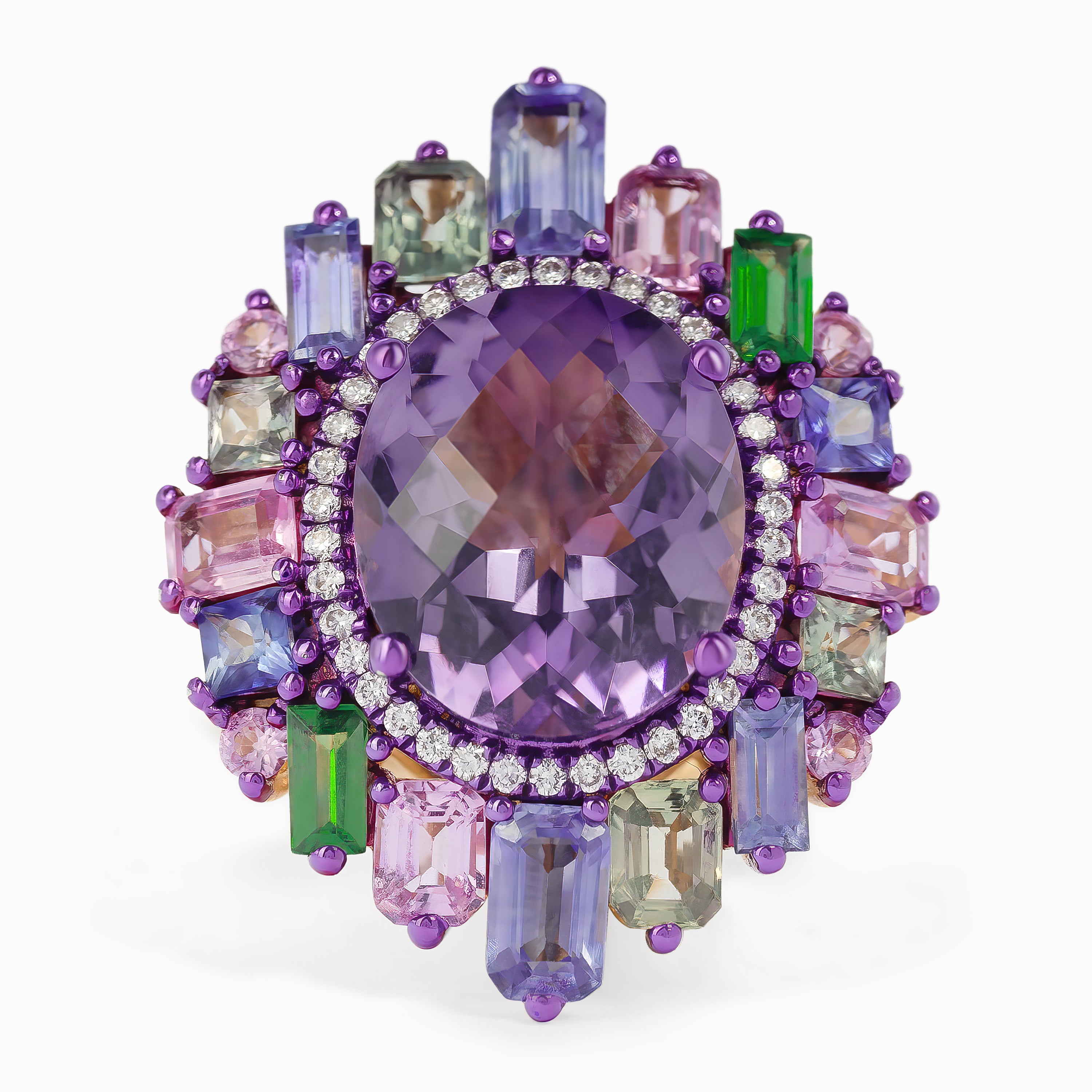 Rose Gold Ring with Amethyst, Diamond Stones