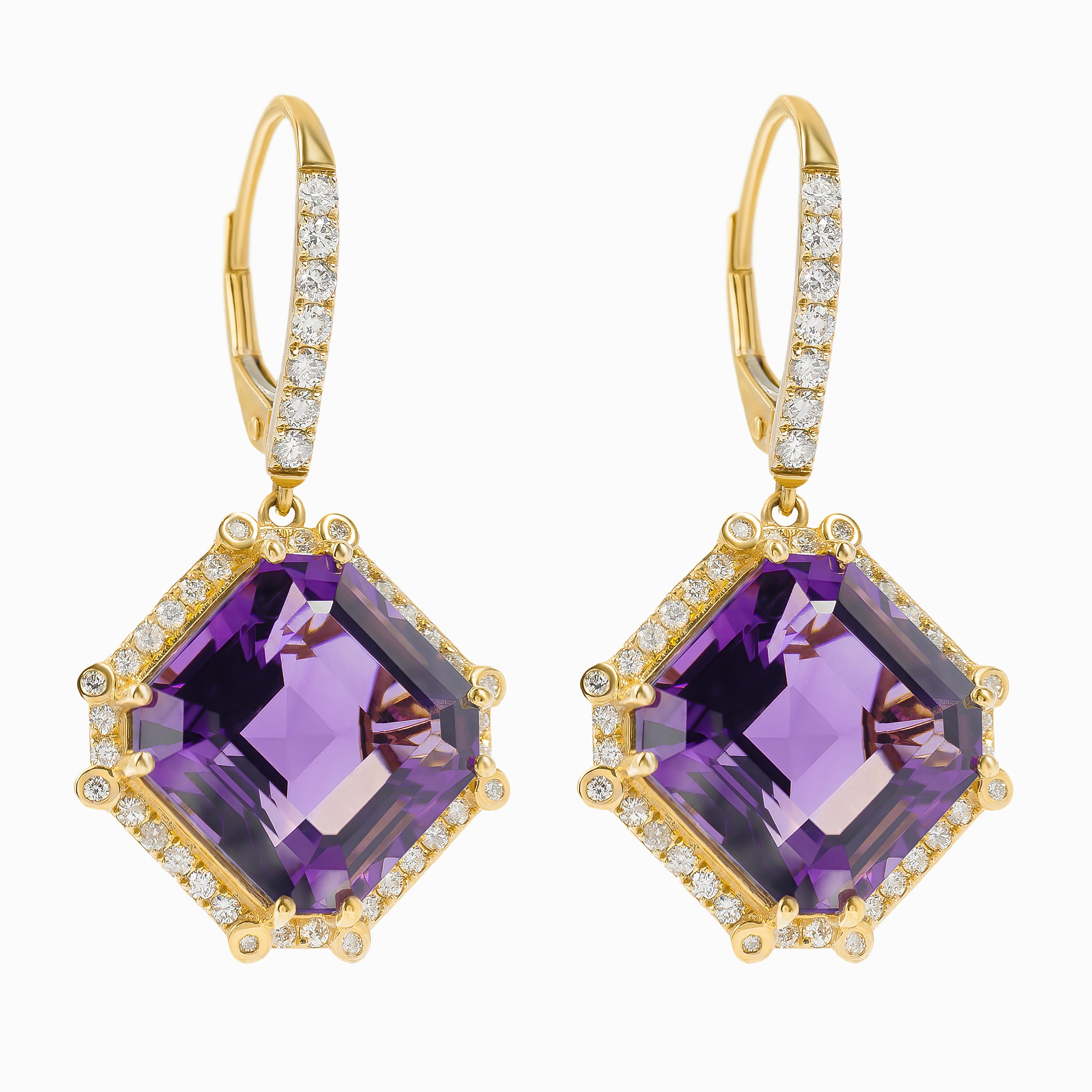 Yellow Gold Drop Earrings with Amethyst, Diamond Stones